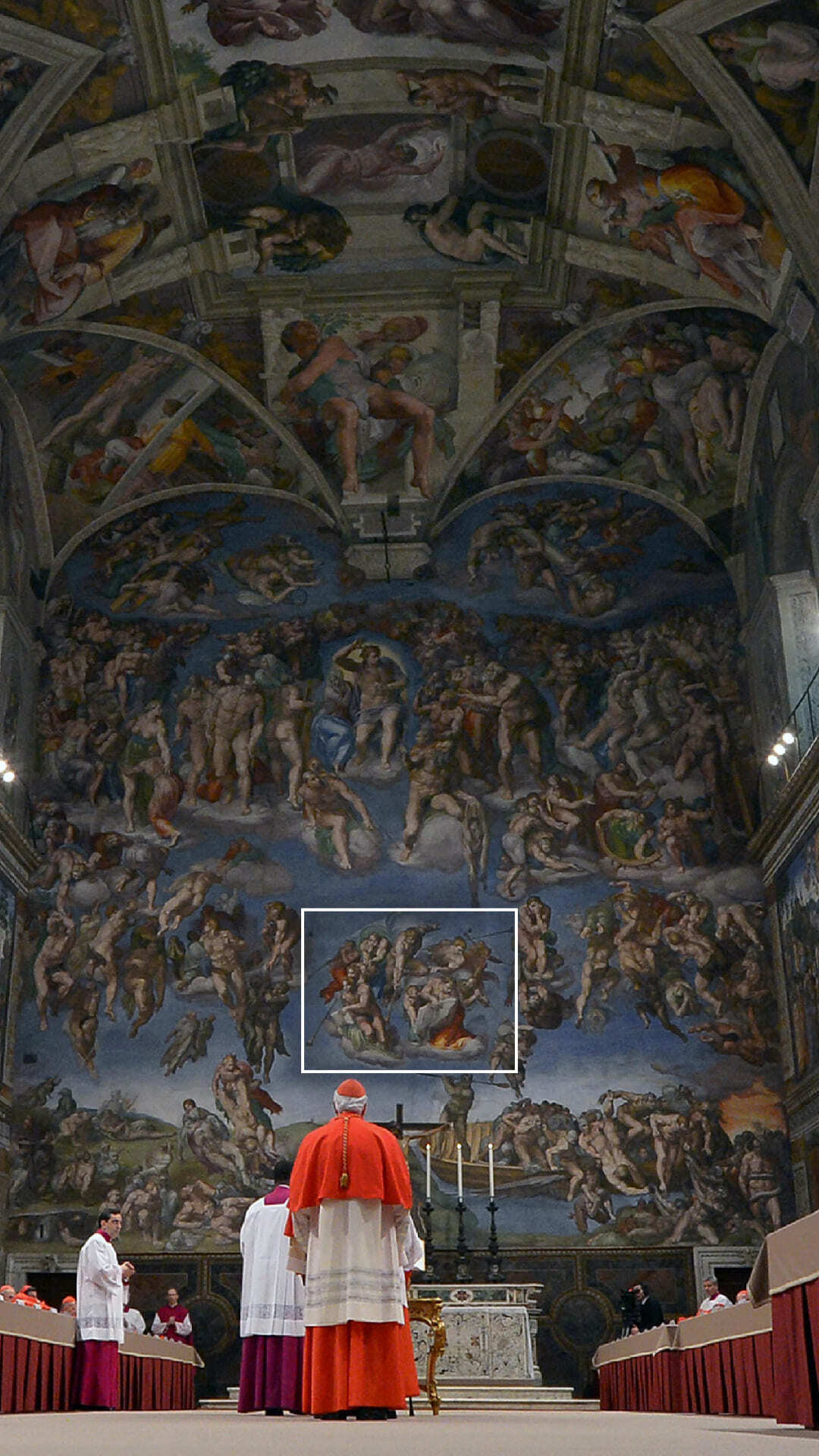 Photo of cardinals preparing for conclave in the Sistine Chapel in 2013 with a highlight in the Last Judgement trumpeting angels.