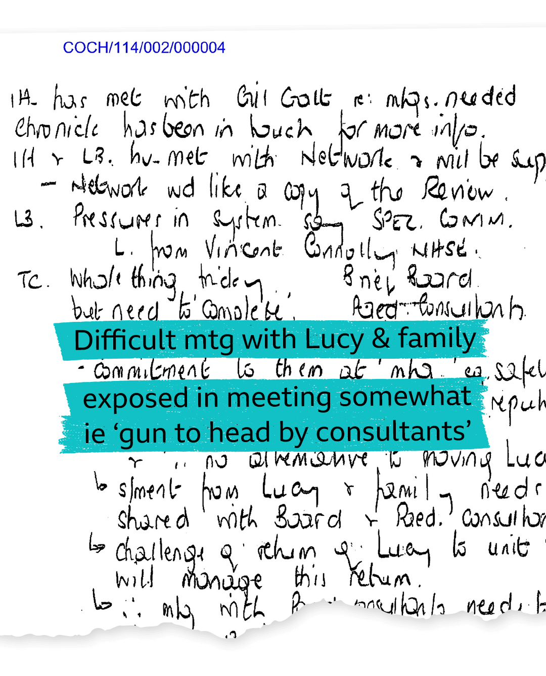 Highlighted phrases from handwritten notes: Difficult mtg with Lucy & family... exposed in meeting somewhat... ie 'gun to head by consultants'.