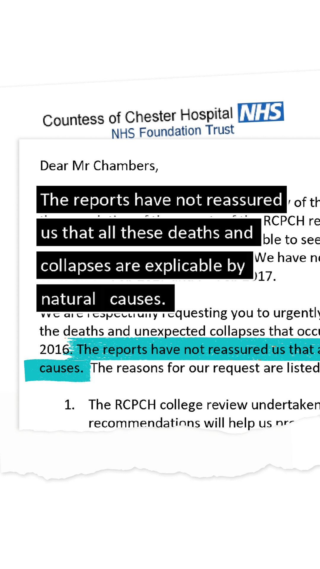 Highlighted extract from the letter: The reports have not reassured us that all these deaths and collapses are explicable by natural causes.