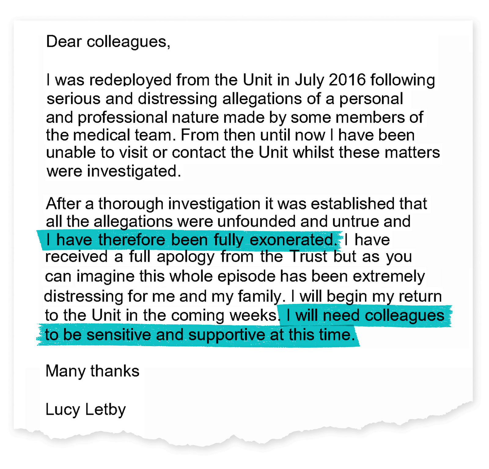 Highlighted email extract: I have therefore been fully exonerated. I will need colleagues to be sensitive and supportive at this time.
