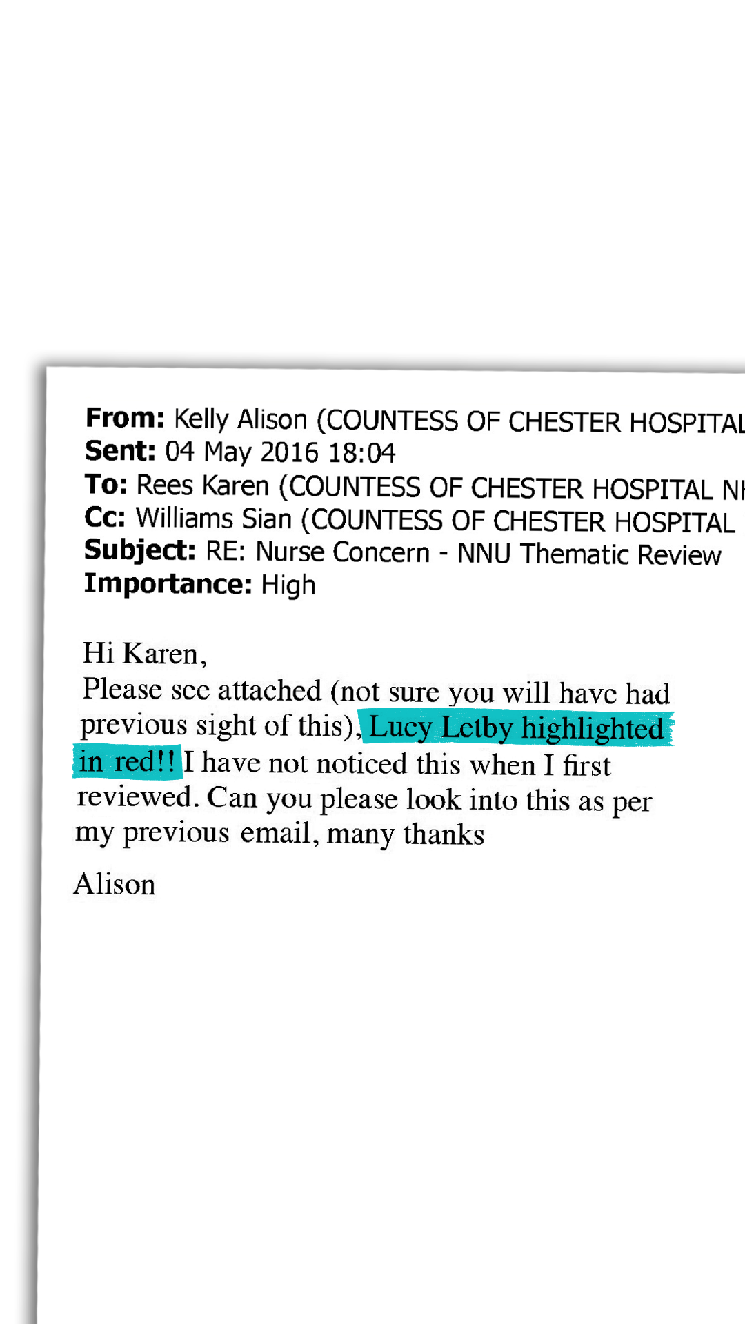 Highlighted email extract: Lucy Letby highlighted in red!!