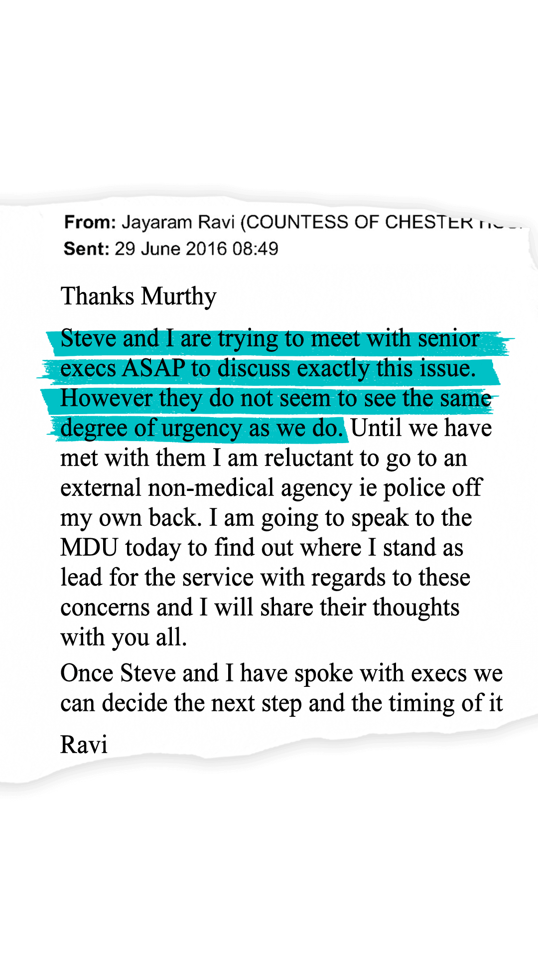 Highlighted email extract: Steve and I are trying to meet with senior execs ASAP to discuss exactly this issue. However they do not seem to see the same degree of urgency as we do.