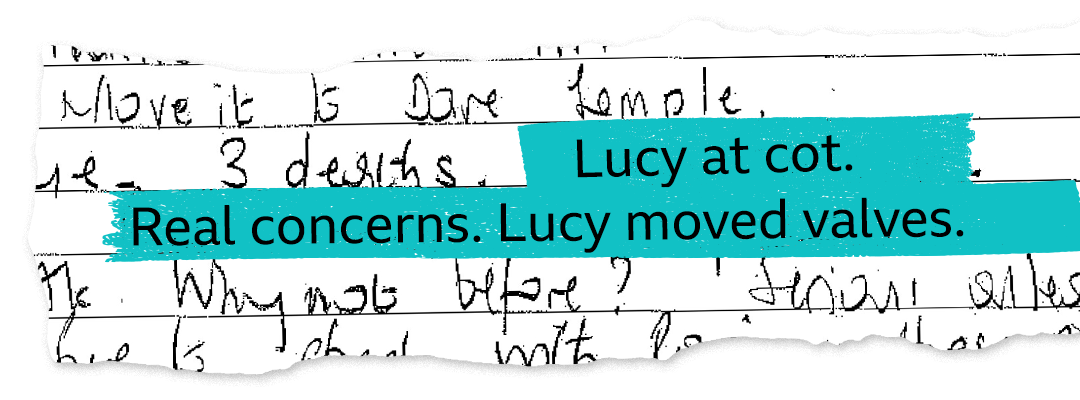 Two sections of handwritten notes. Highlighted phrases: Lucy at cot. Real concerns. Lucy moved valves.
