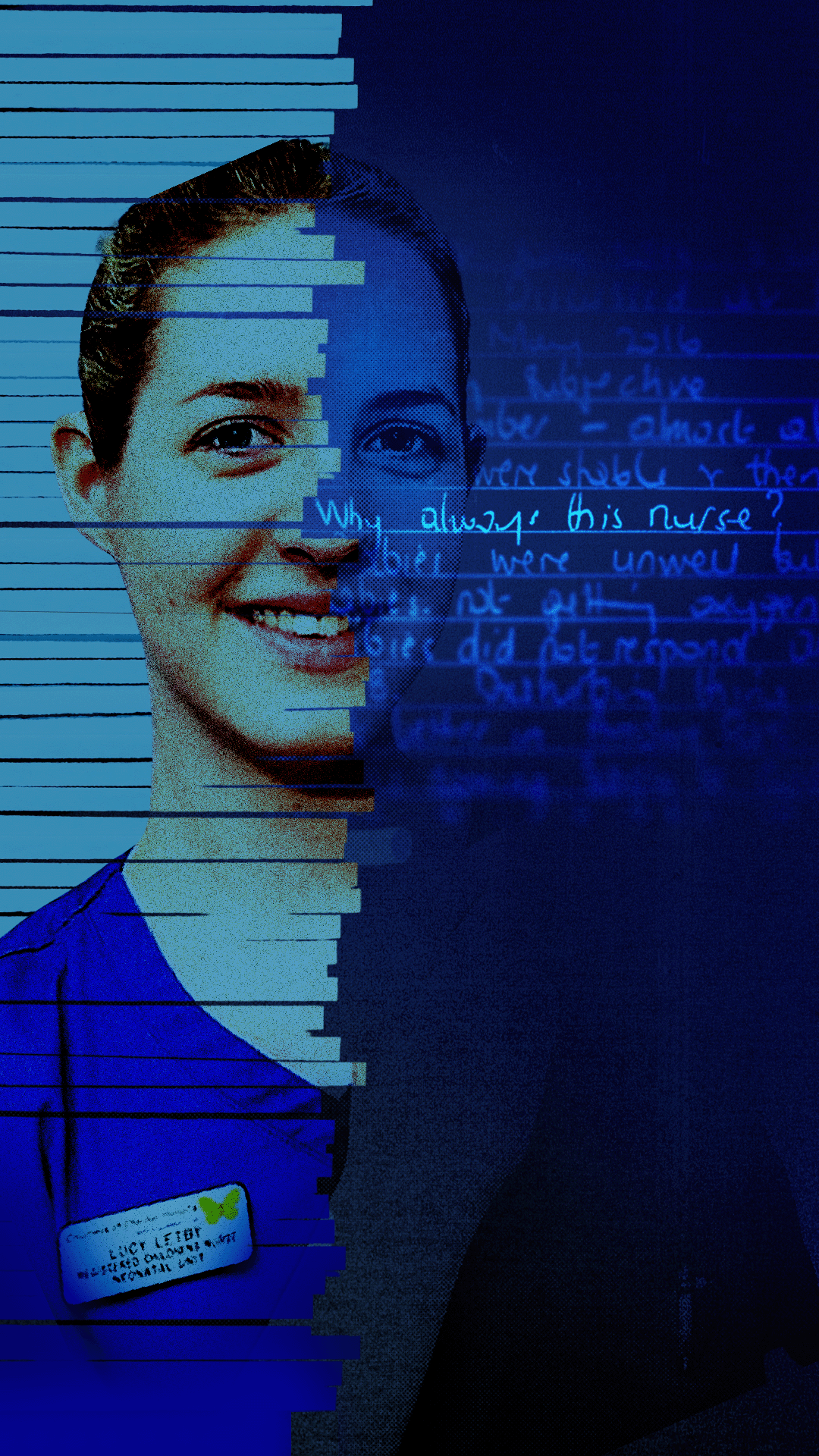 Image of Lucy Letby smiling in her hospital uniform along with some handwritten minutes from a meeting which say: "Why always this nurse?"