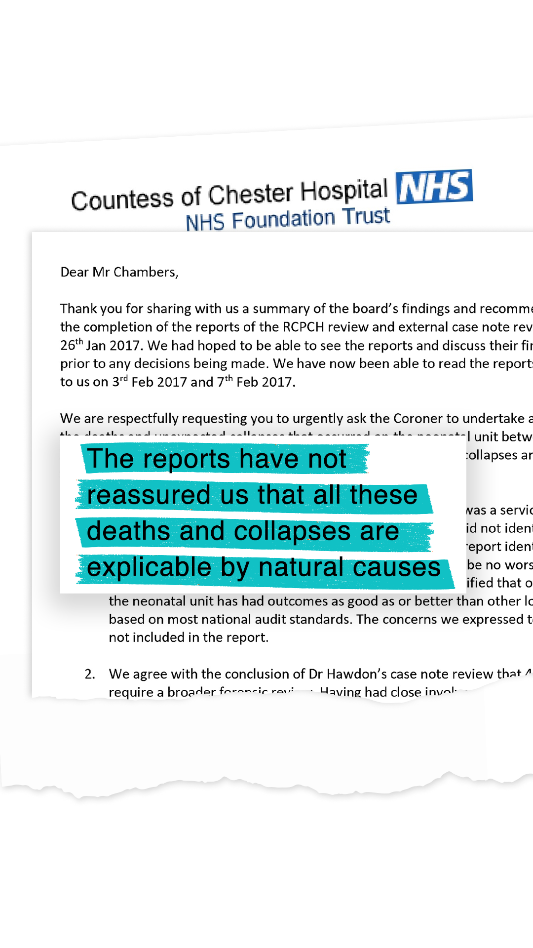 Highlighted extract from the letter: The reports have not reassured us that all these deaths and collapses are explicable by natural causes.