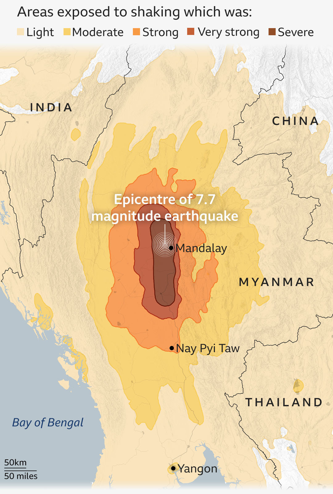 Map showing how the earthquake was felt in Myanmar, India and Thailand