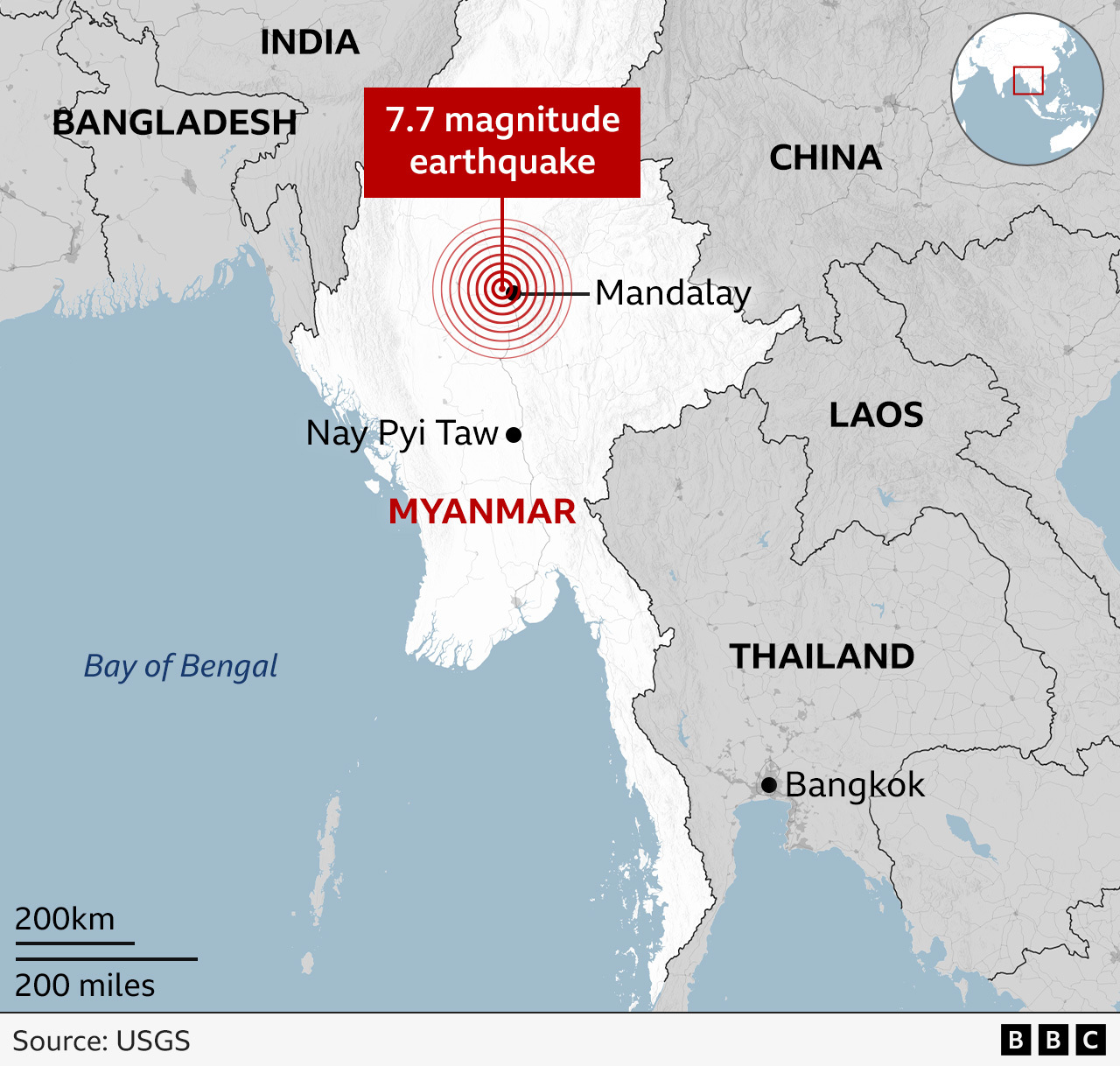 Map showing centre of the earthquake in Myanmar