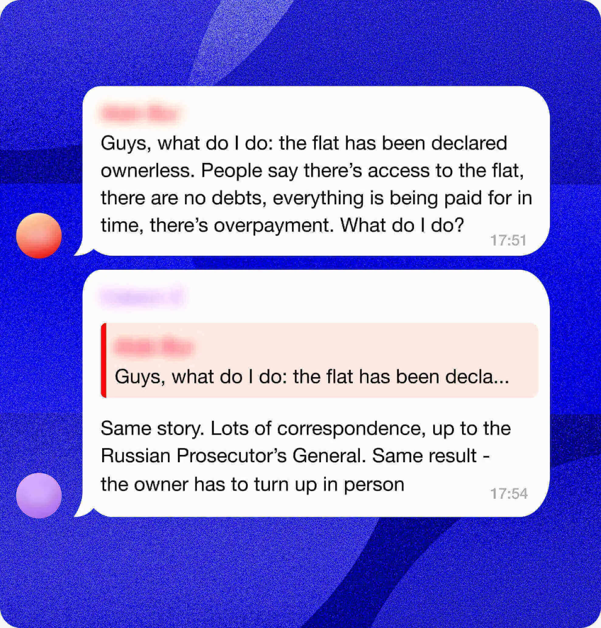 Translated Telegram chat of two residents discussing what to do about their homes being taken