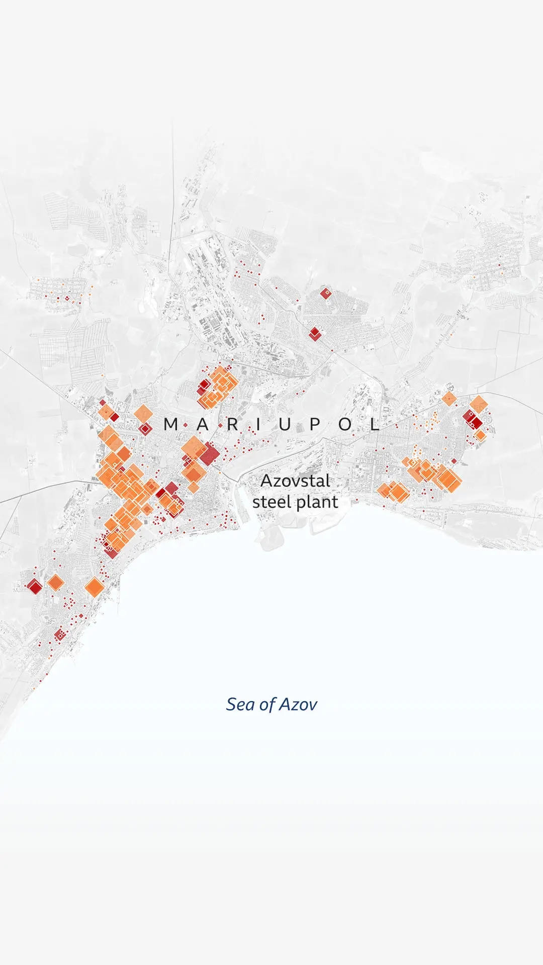 Map of Mariupol with red squares of different sizes showing "ownerless" homes across the city, and with many more orange squares showing "potentially ownerless" homes overlapped.