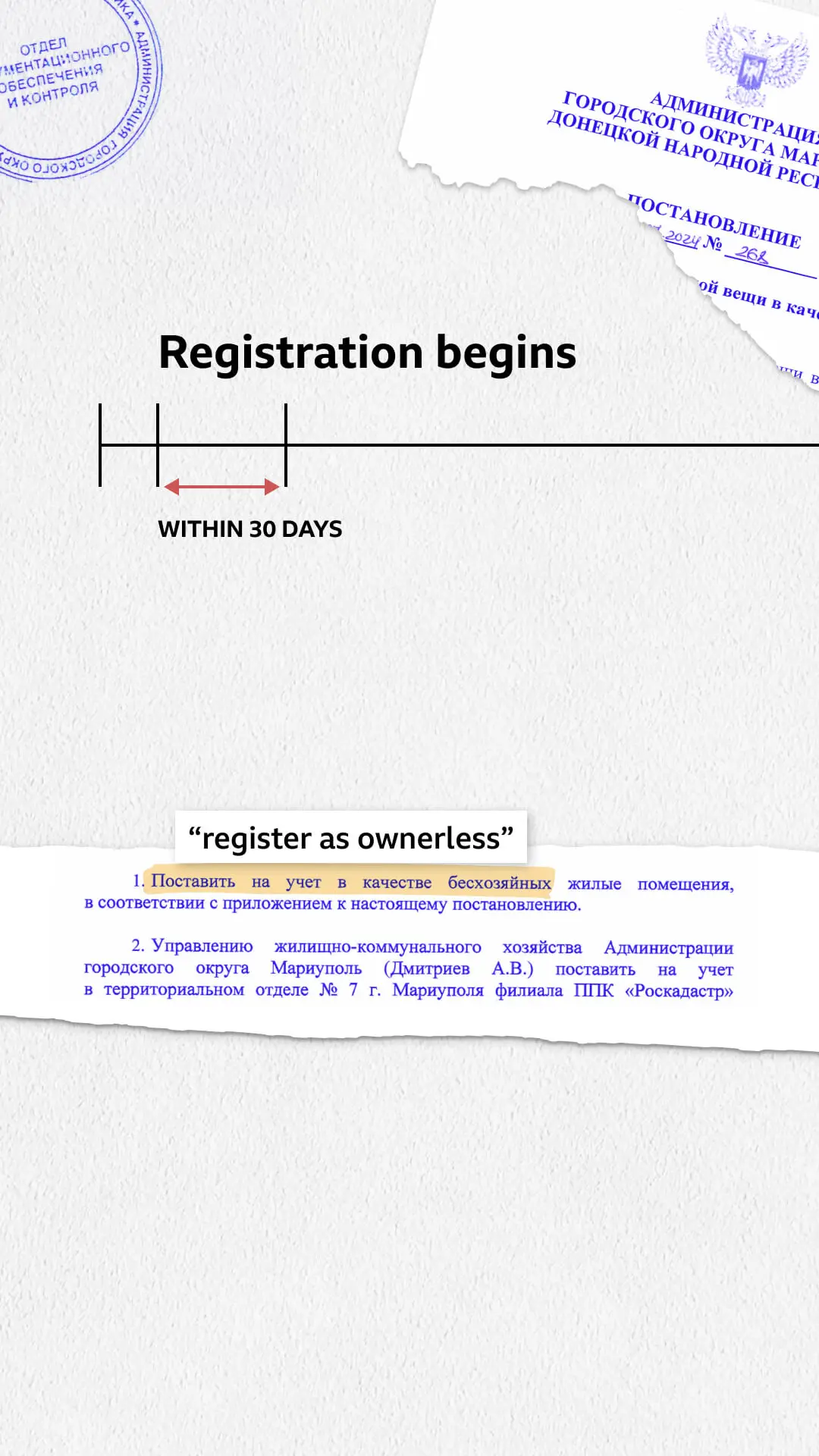 A Russian registration document with the heading "To register as ownerless the living accommodation in the appendix to this decree"