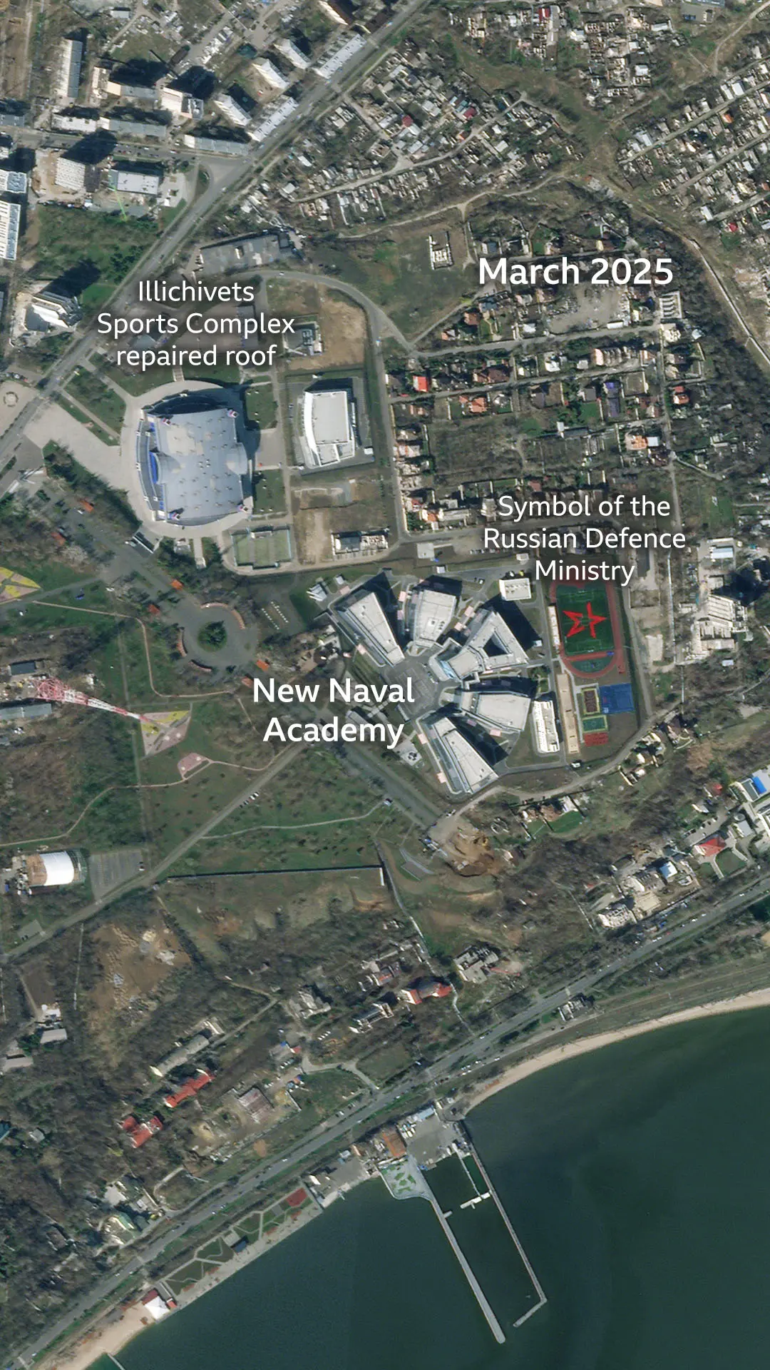 Satellite image of Mariupol acquired on 28 March 2025 shows the roof of the Illichivets Sports Complex repaired, a new naval academy made of five buildings, and a new red star in the middle of a running track, symbol of the russian defence ministry.