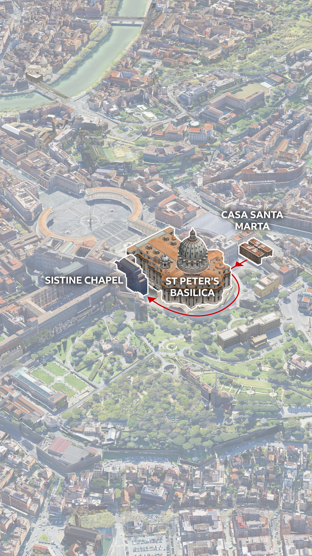 3D map of the Vatican city with the Casa Santa Marta, St Peter's Basilica, Via delle Fondamenta and the Sistine Chapel highlighted