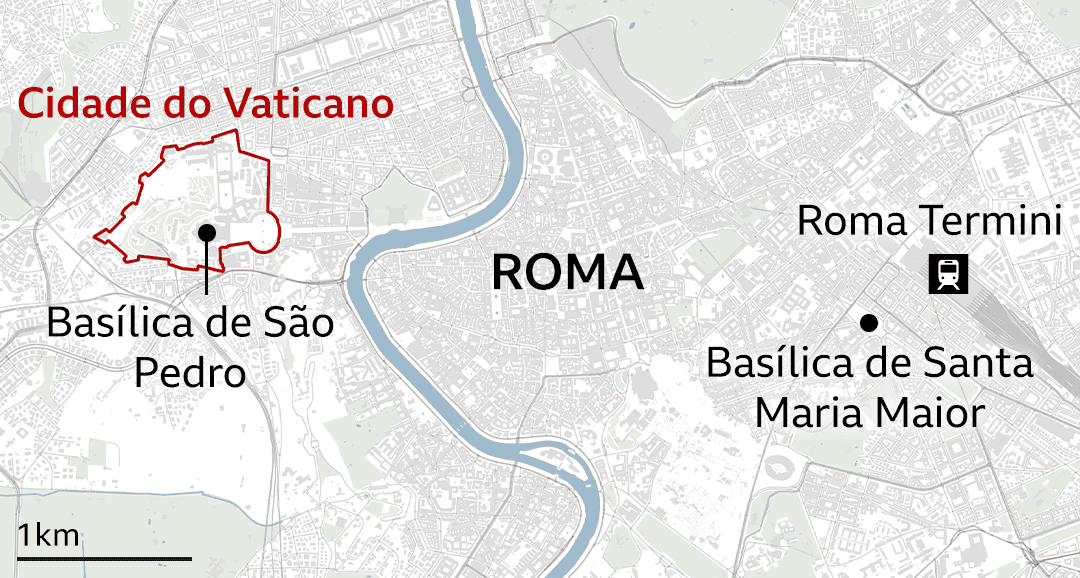 Mapa mostrando a localização da Basílica de Santa Maria Maior em Roma, perto da estação ferroviária Roma Termini
