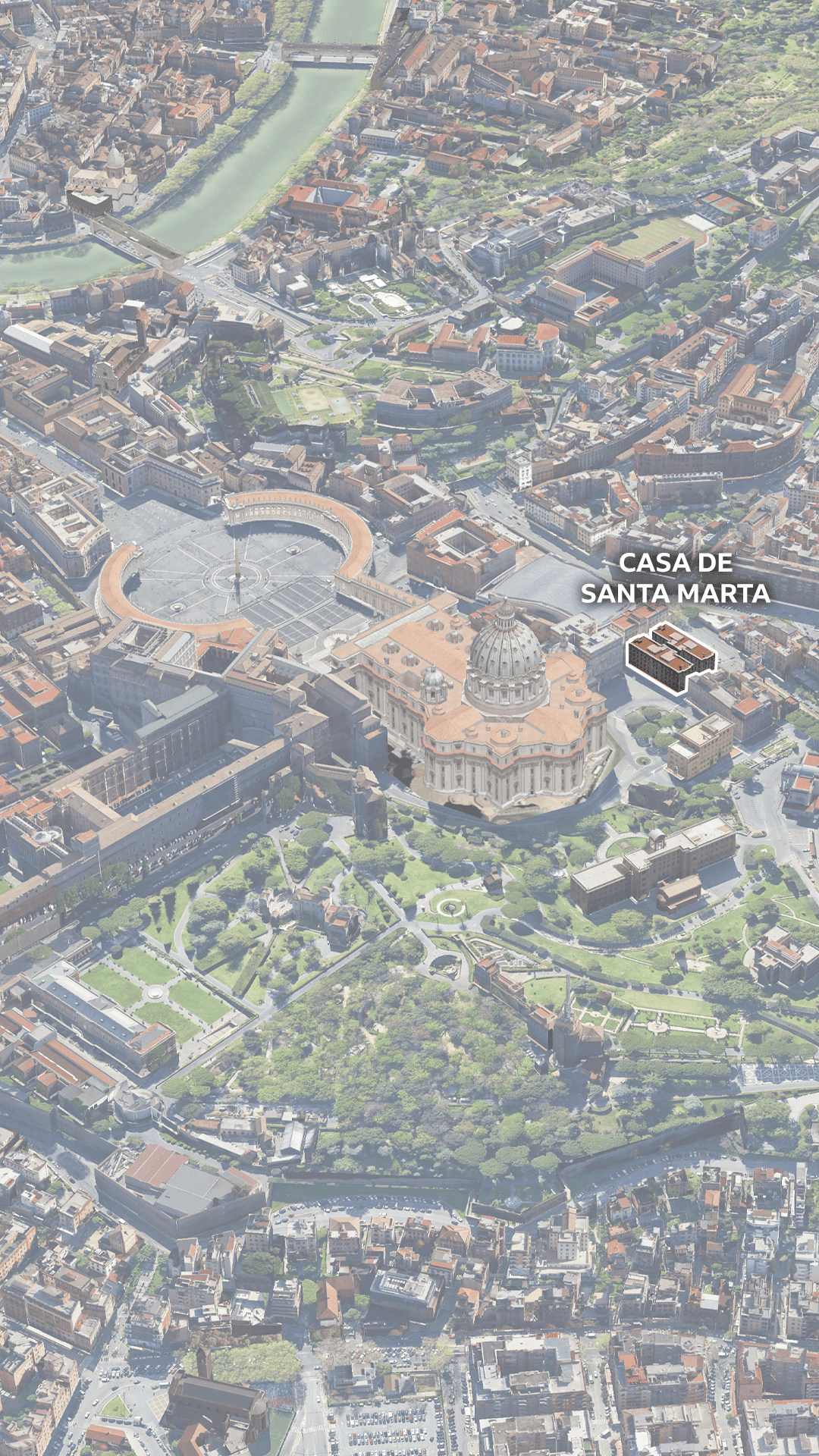 Mapa 3D da cidade do Vaticano com a Casa de Santa Marta em destaque