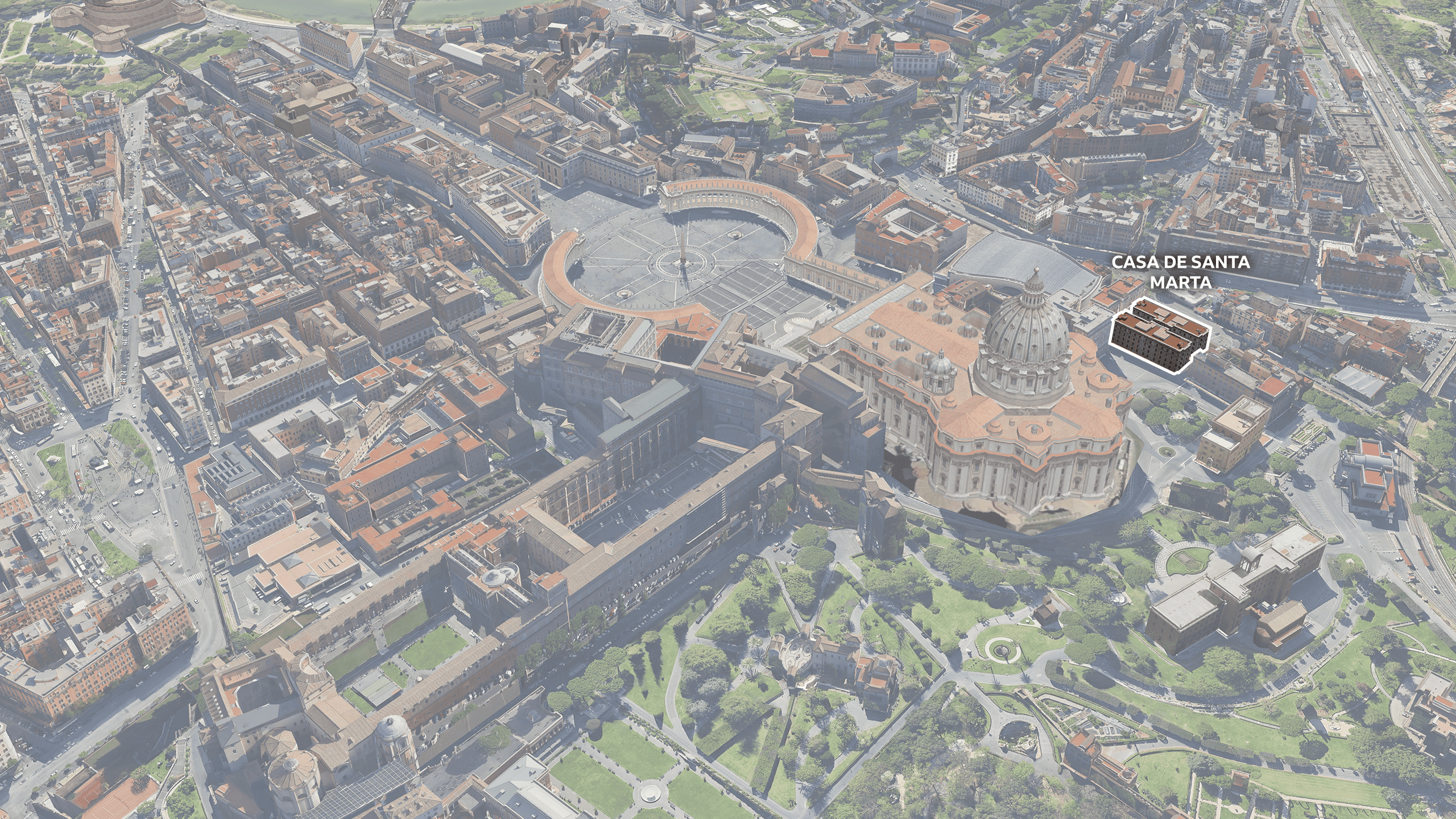 Mapa 3D da cidade do Vaticano com a Casa de Santa Marta em destaque