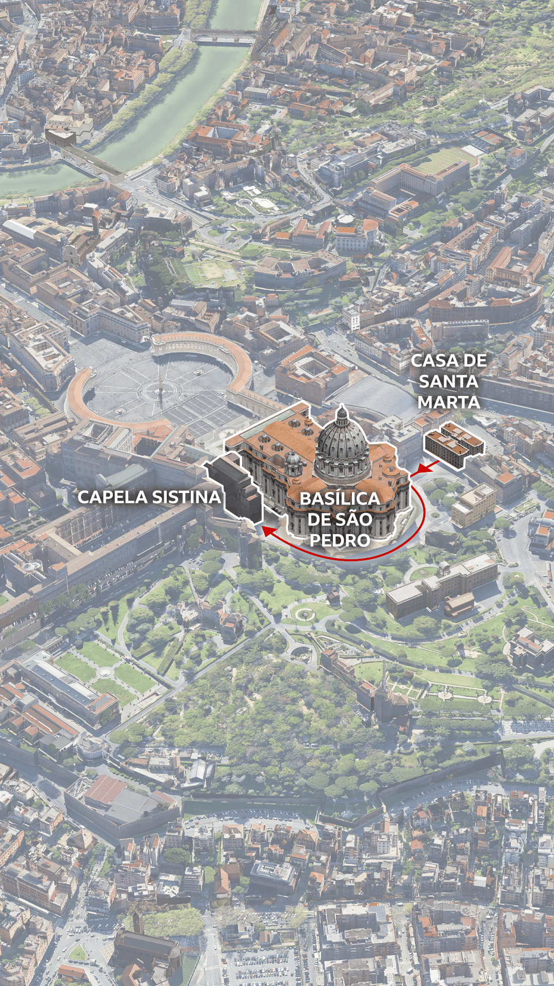 Mapa 3D da cidade do Vaticano com a Casa de Santa Marta, a Basílica de São Pedro, a Via delle Fondamenta e a Capela Sistina em destaque