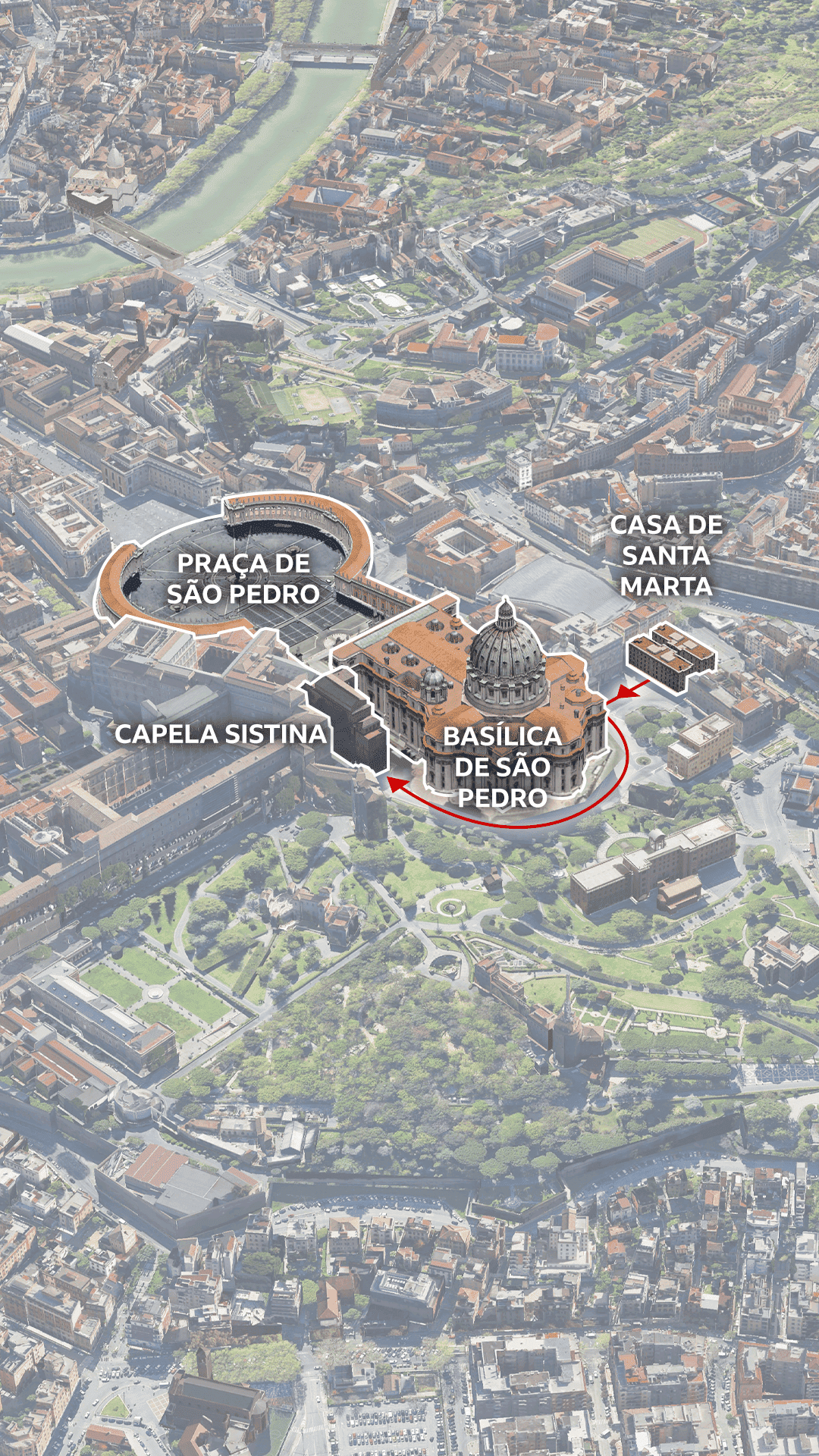 Mapa 3D da cidade do Vaticano com a Casa de Santa Marta, a Basílica de São Pedro, a Via delle Fondamenta, a Capela Sistina e a Praça de São Pedro em destaque