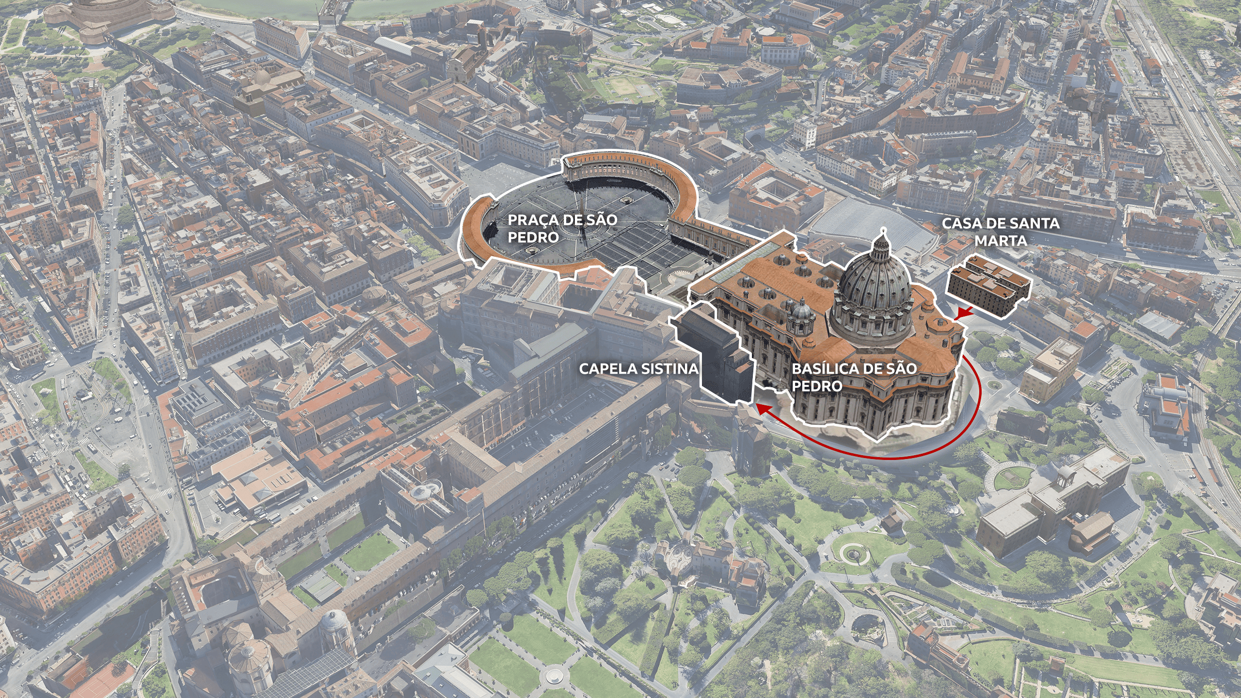 Mapa 3D da cidade do Vaticano com a Casa de Santa Marta, a Basílica de São Pedro, a Via delle Fondamenta, a Capela Sistina e a Praça de São Pedro em destaque
