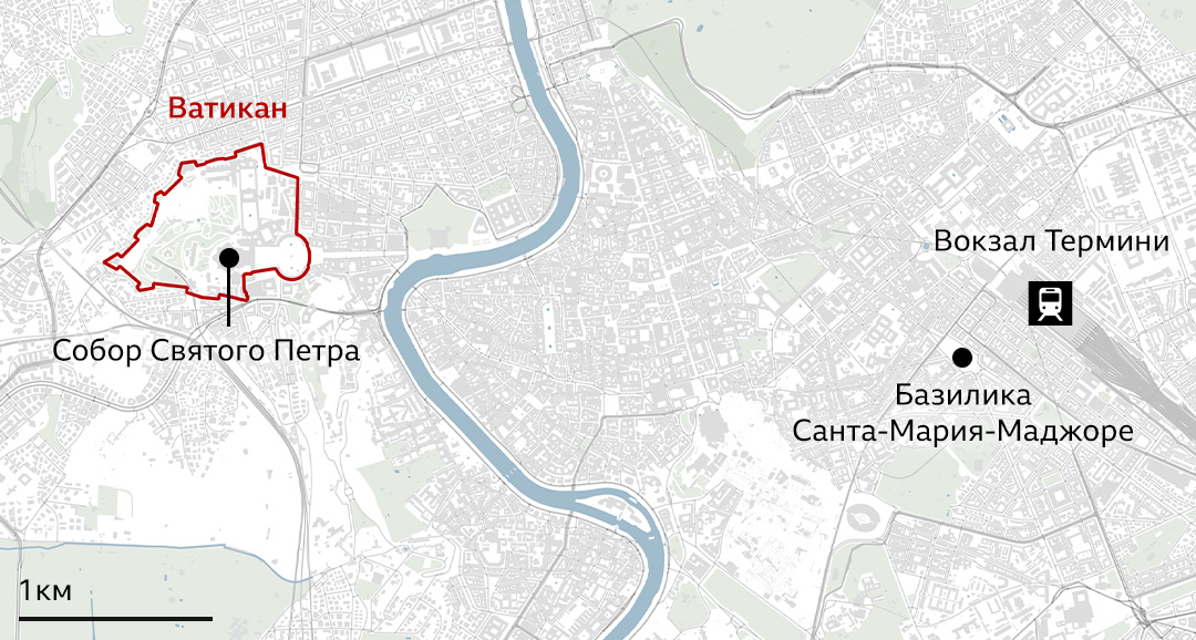 Карта, показывающая расположение базилики Санта-Мария-Маджоре в Риме, неподалеку от железнодорожного вокзала Термини.