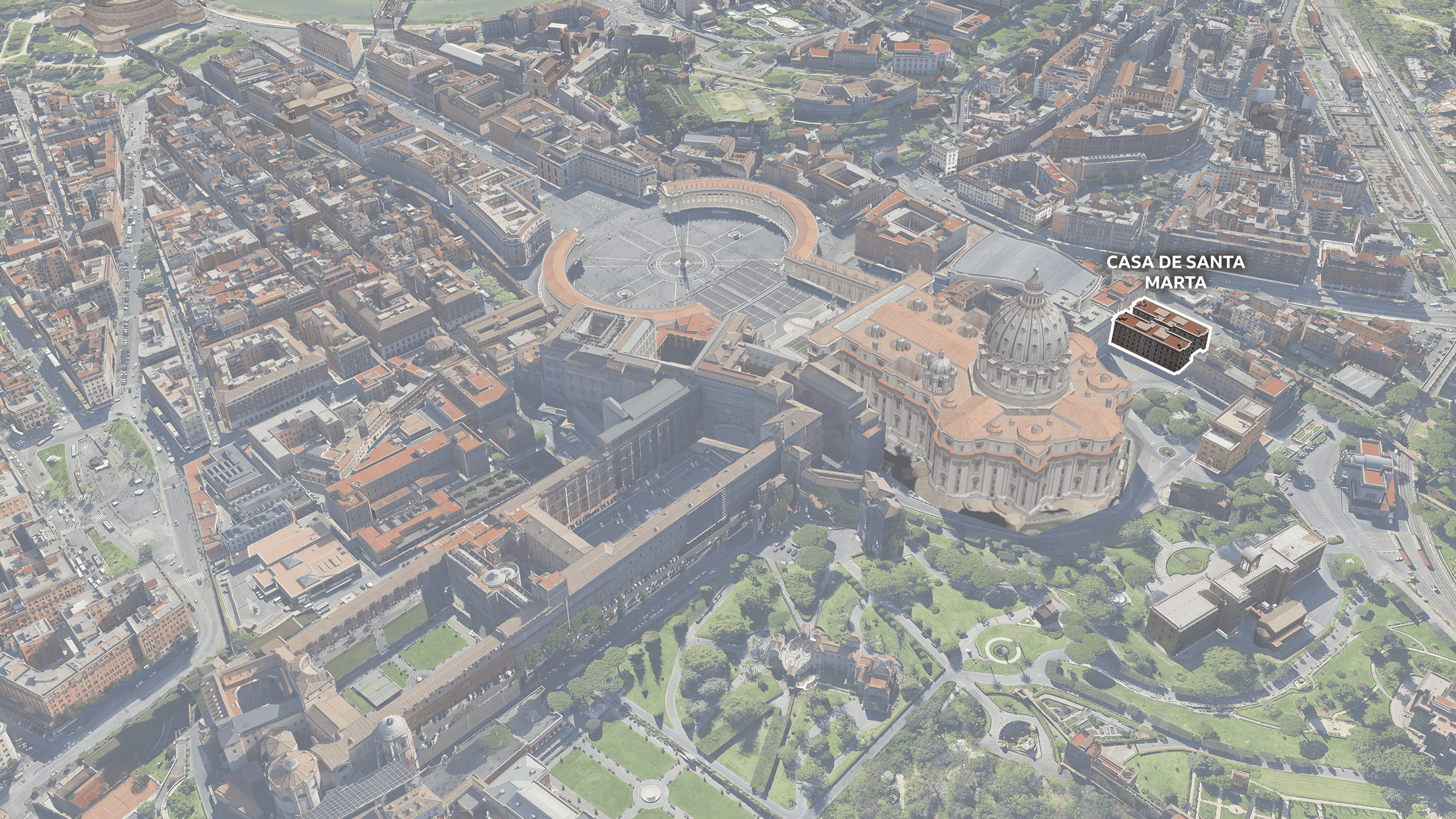 Mapa 3D de la Ciudad del Vaticano con la Casa de Santa Marta resaltada