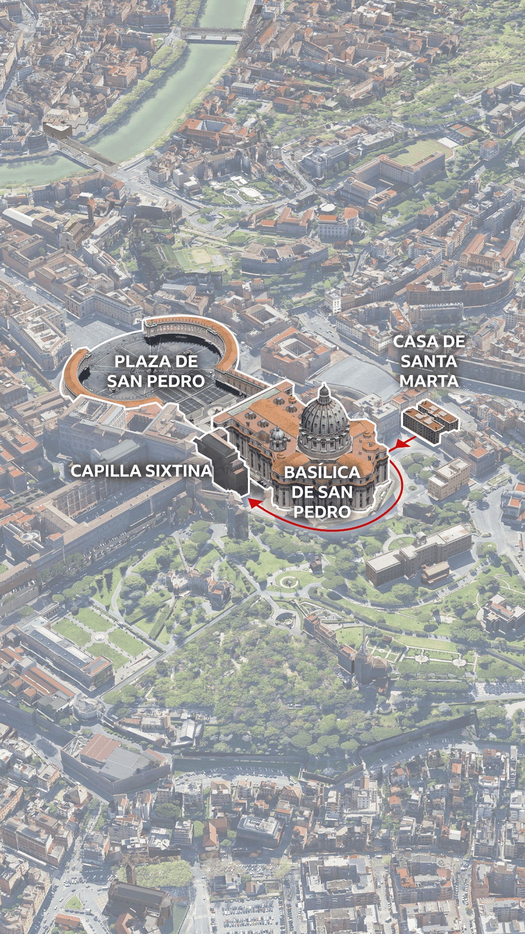 Mapa 3D de la Ciudad del Vaticano con la Casa de Santa Marta, la Basílica de San Pedro, Via delle Fondamenta, la Capilla Sixtina y la Plaza de San Pedro resaltadas.