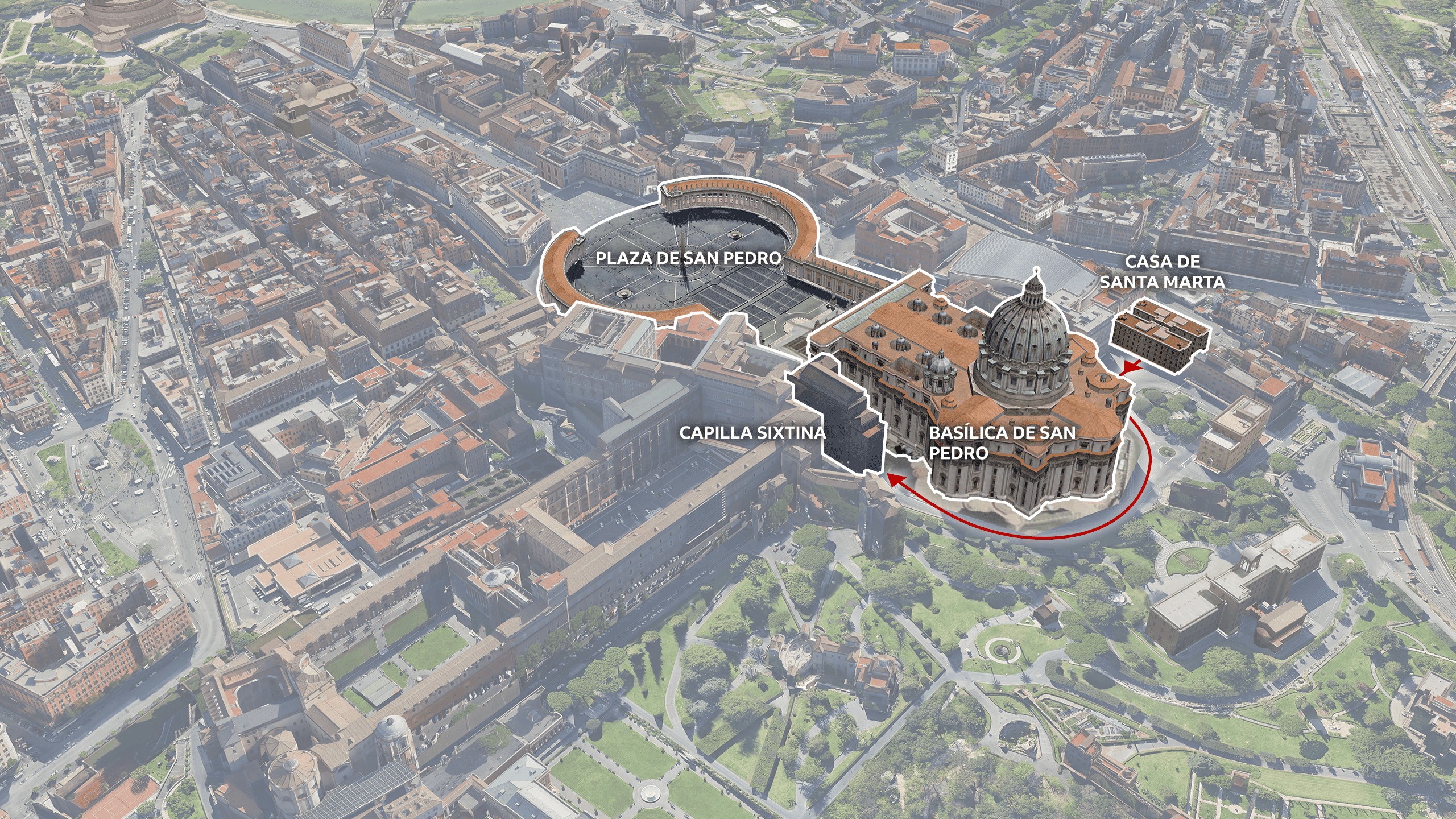 Mapa 3D de la Ciudad del Vaticano con la Casa de Santa Marta, la Basílica de San Pedro, Via delle Fondamenta, la Capilla Sixtina y la Plaza de San Pedro resaltadas.