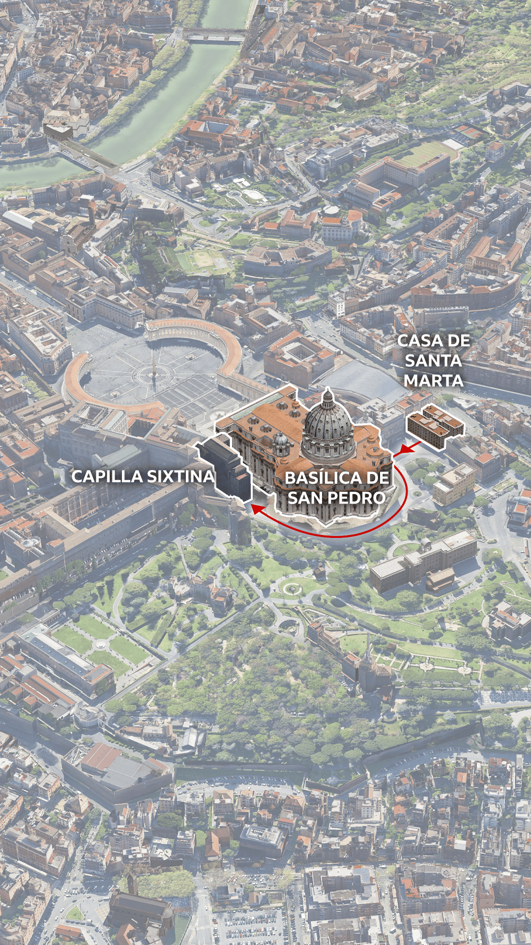 Mapa 3D de la Ciudad del Vaticano con la Casa de Santa Marta, la Basílica de San Pedro, Via delle Fondamenta y la Capilla Sixtina resaltadas