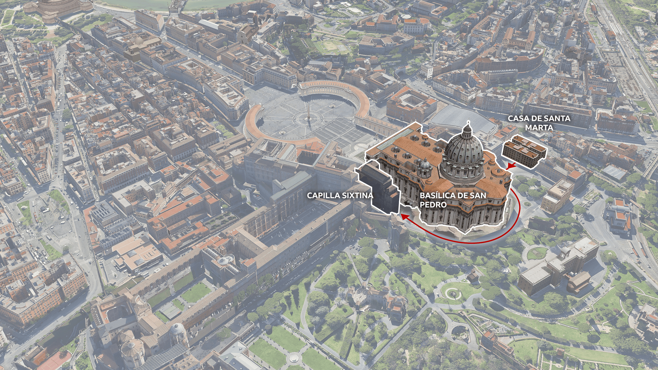 Mapa 3D de la Ciudad del Vaticano con la Casa de Santa Marta, la Basílica de San Pedro, Via delle Fondamenta y la Capilla Sixtina resaltadas