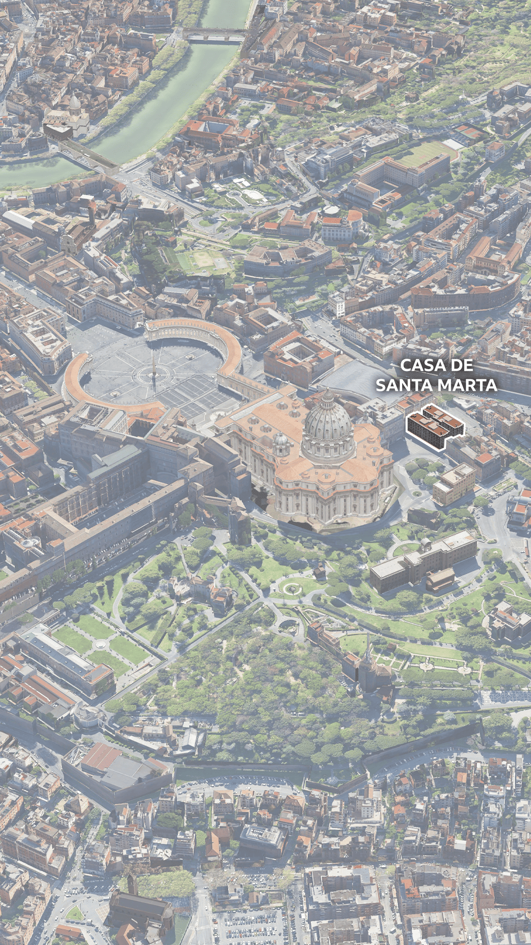 Mapa 3D de la Ciudad del Vaticano con la Casa de Santa Marta resaltada