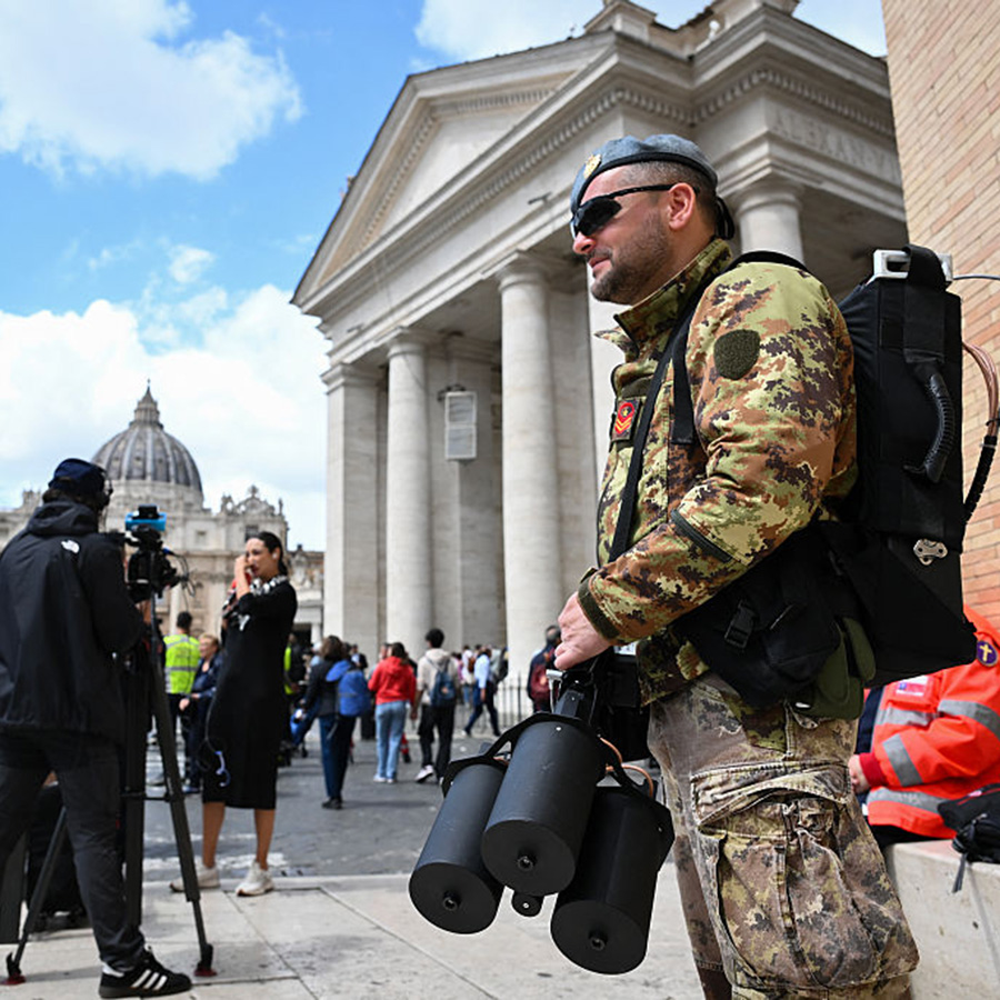 Italian military with an anti-drone weapon patrols near the Vatican