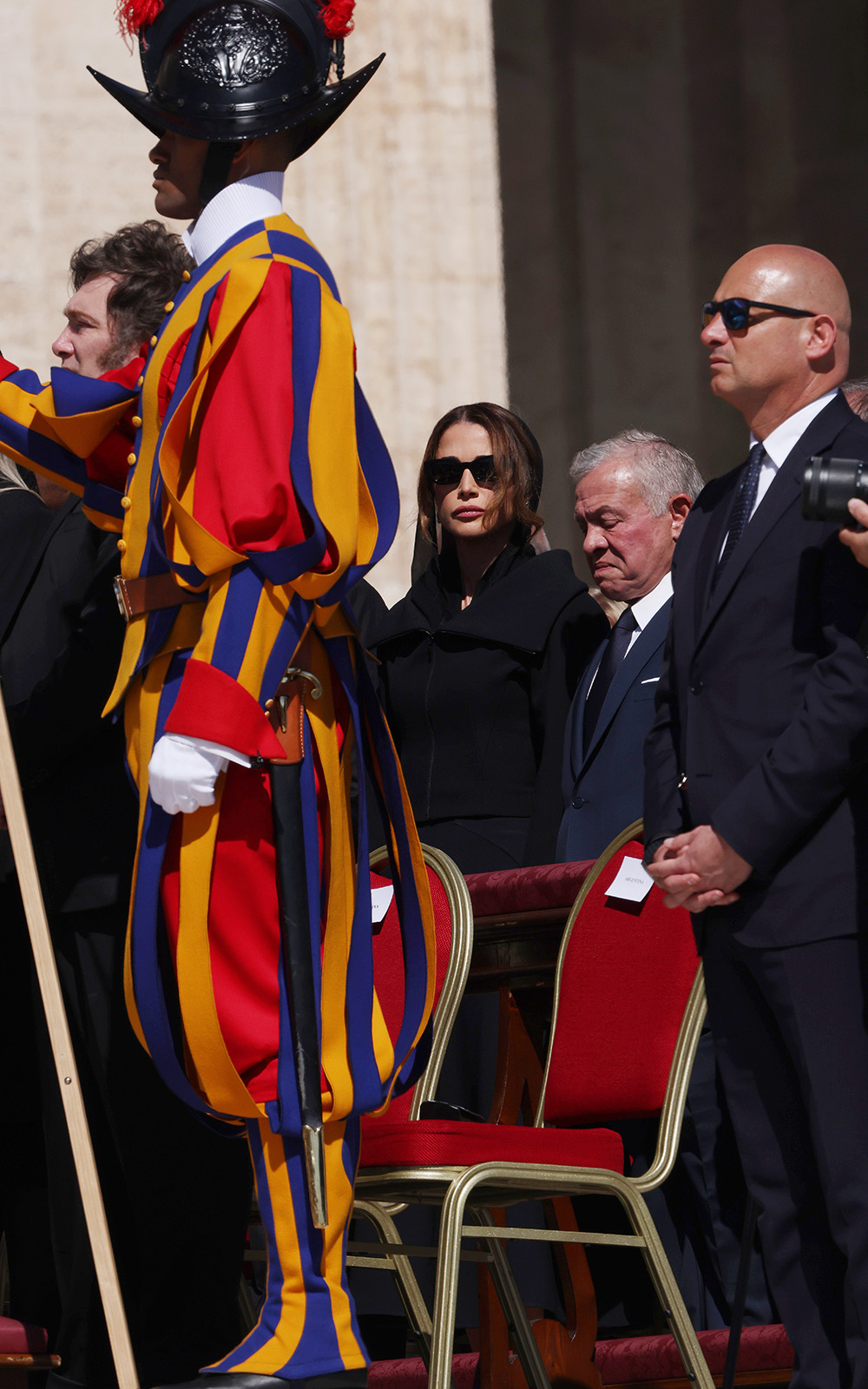 Queen Rania of Jordan (in sunglasses) and King Abdullah II of Jordan attend the funeral of Pope Francis