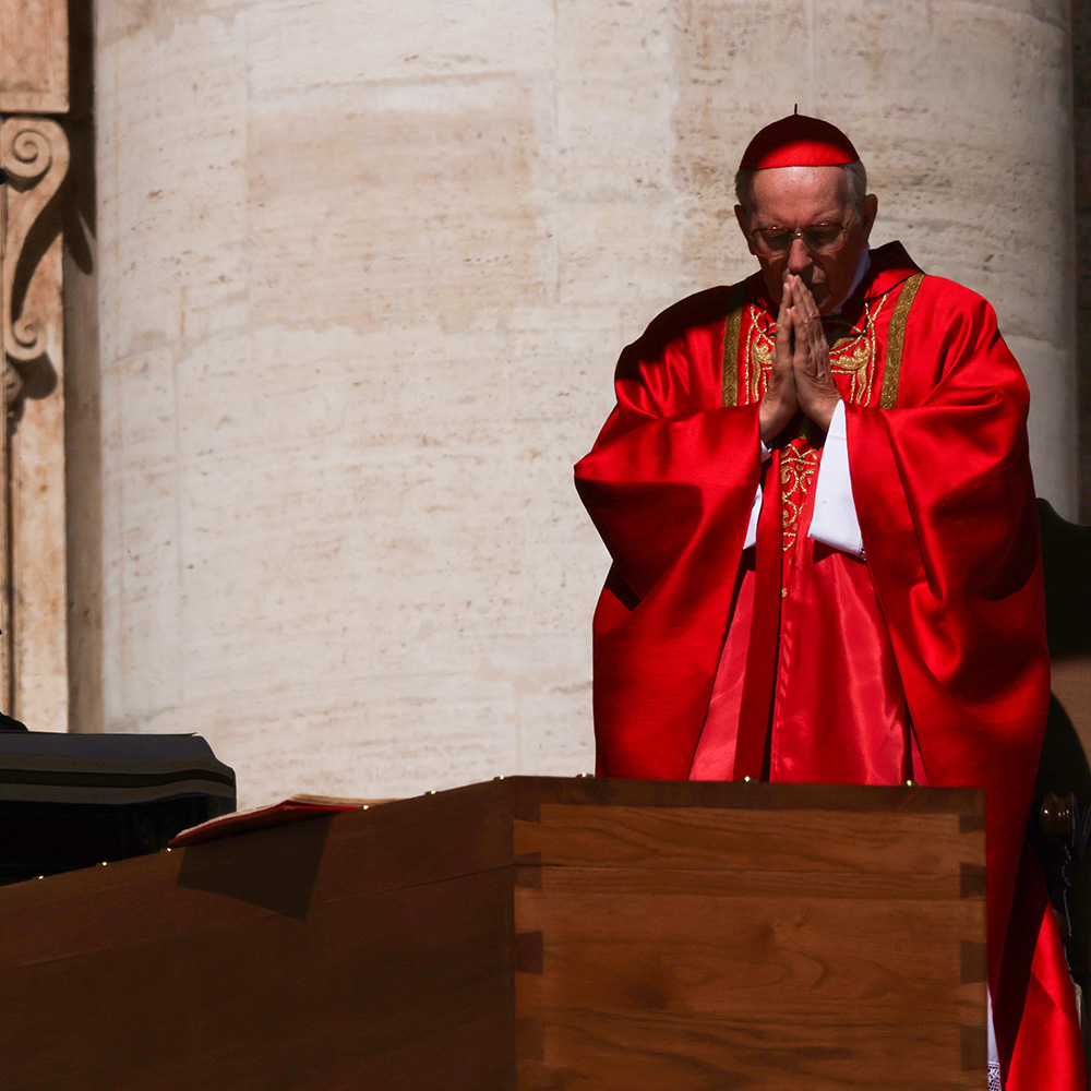 Cardinal Giovanni Battista Re officiates the mass in front of the coffin during the funeral of Pope Francis
