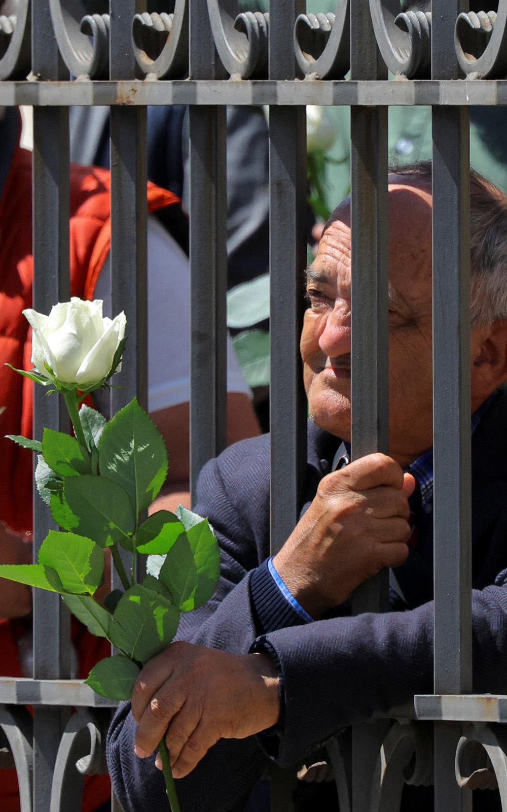 A man holds a flower outside the railing of Santa Maria Maggiore