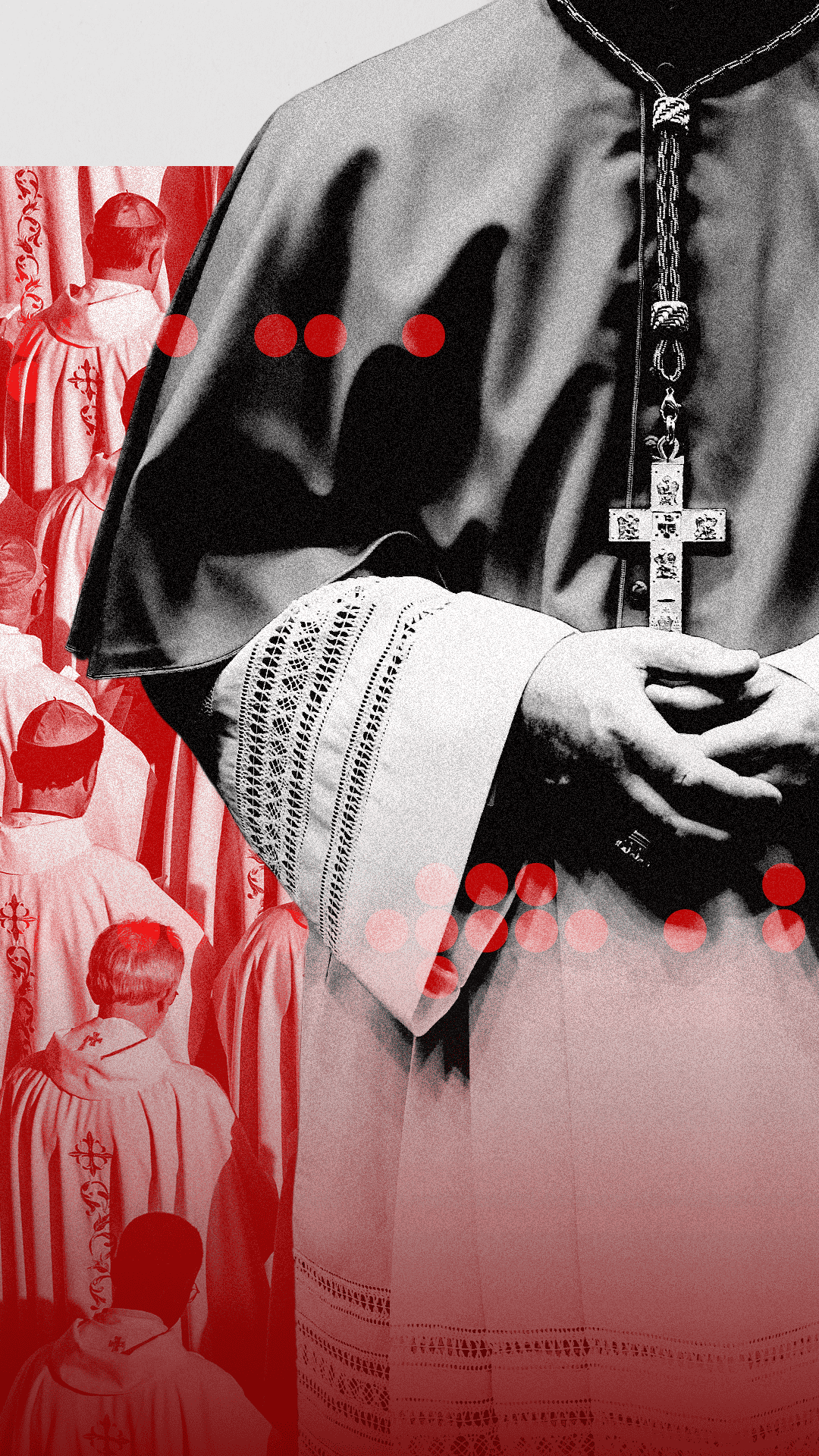 Composite image of alose up the clasped hands of a cardinal in robes, with a cross worn around the neck, a group of cardinals in robes photographed from behind. Red dots are at the top and bottom of the image to represent the data visualisation used in this article 