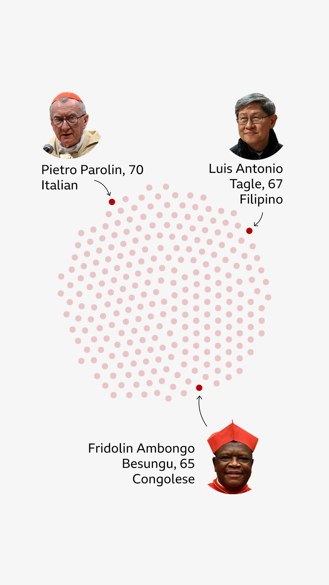 A circle pack visualisation of the 252 cardinals  in the 2025 conclave with Pietro Parolin of Italy (70 years old), Luis Antonio Tagle of the Philippines (67 years old), and Fridolin Ambongo Besungu of the DR Congo (65 years old) highlighted
