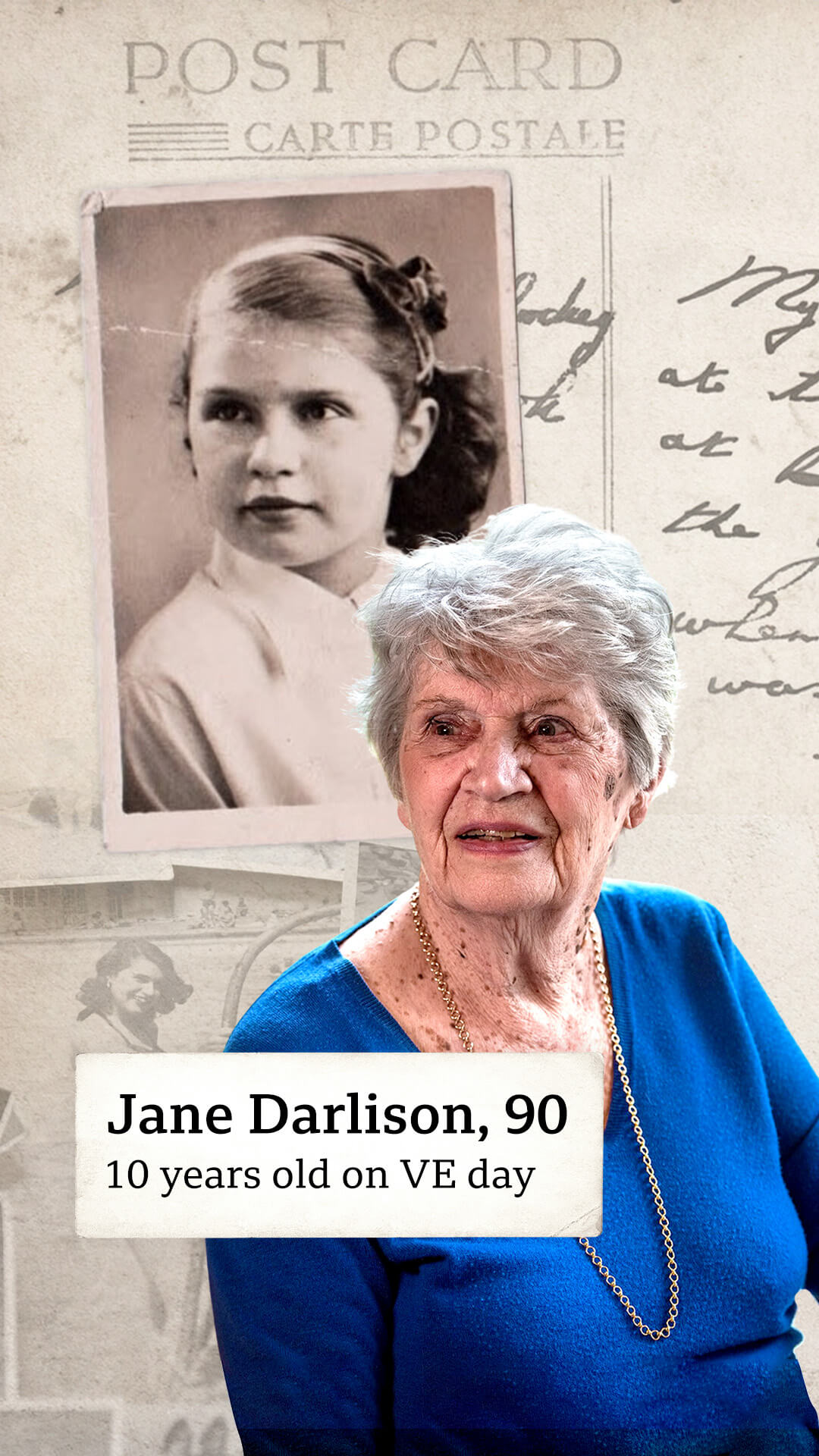 An image of Jane Darlison, aged 90, is positioned next to a sepia photograph of herself as a child. In the sepia photograph, Jane is looking away from the camera. Her shoulder length hair is held back by a hairband. She has a gentle smile on her face. In the contemporary image, Jane is recreating the same pose as her childhood photograph. She has grey hair and is wearing a blue jumper with a gold necklace.