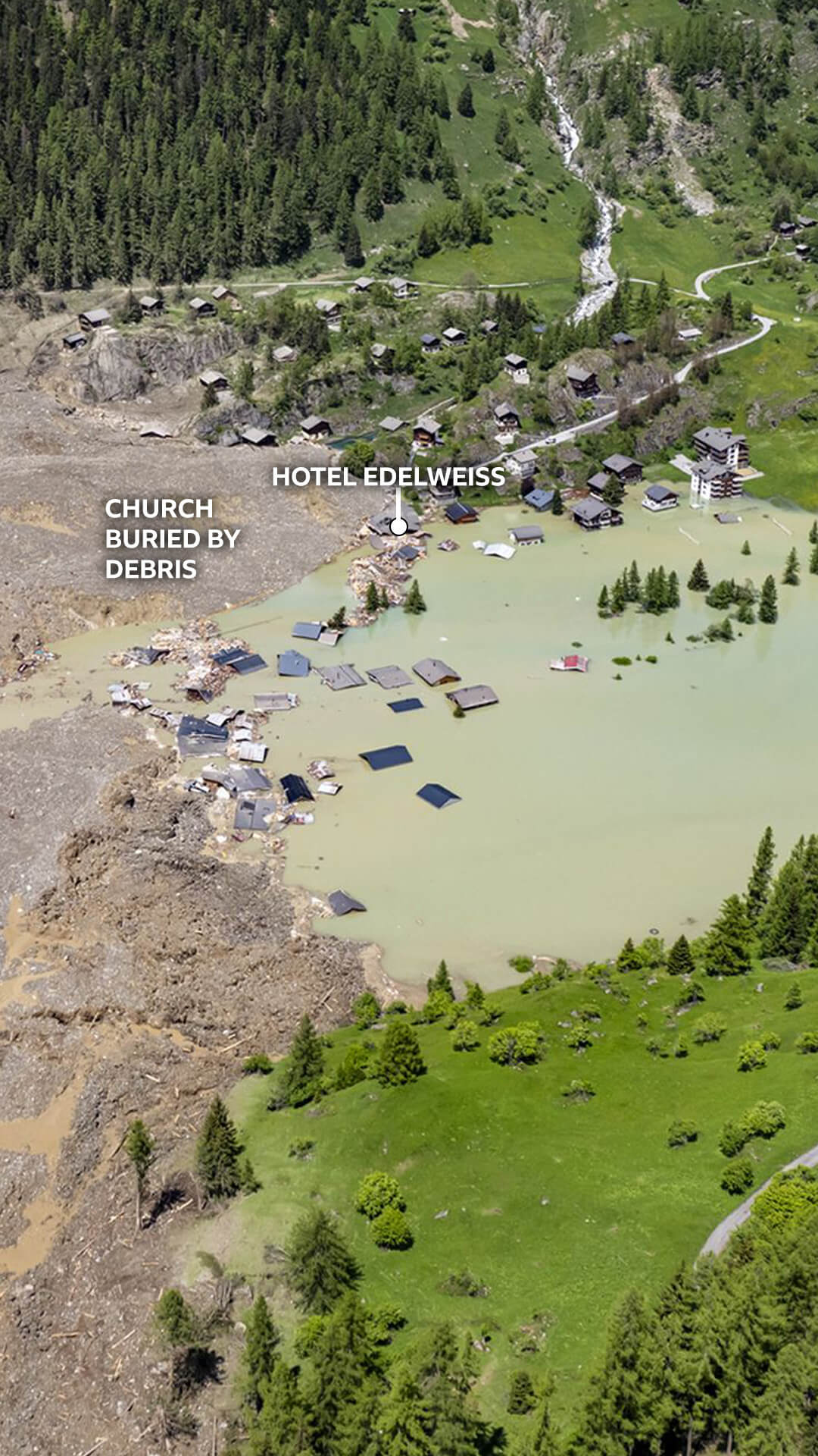 Aerial image of the village of Blatten after the glacier collapsed