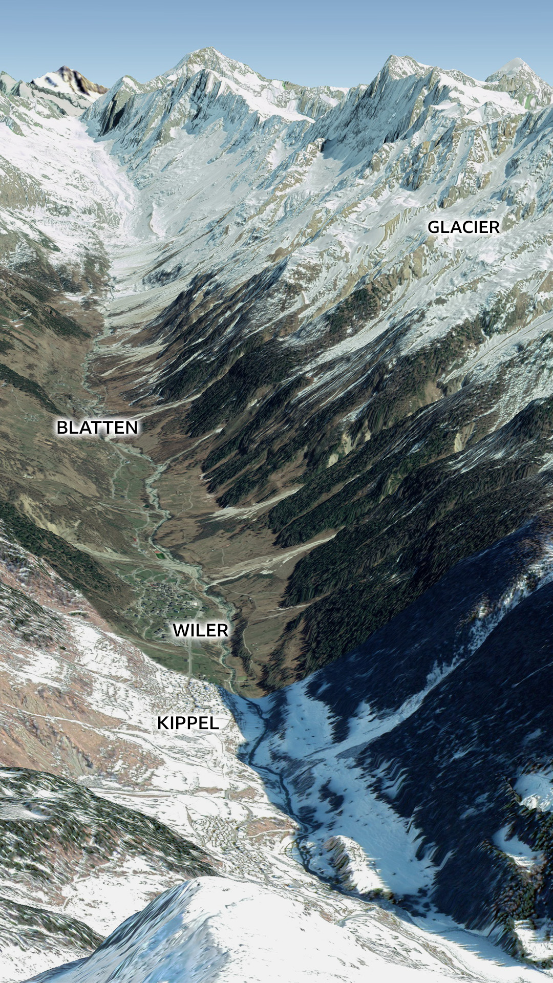 Satellite images showing Birch glacier, Blatten and Wiler and Kippel