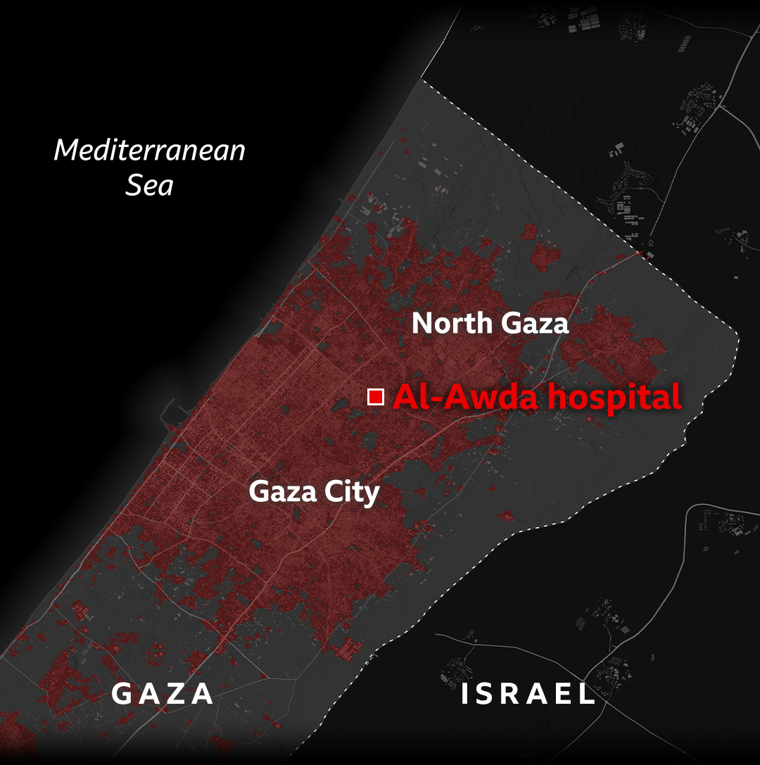 Map of North Gaza with a dark background, highlighting al-Awda Hospital in red. A red-shaded area indicates damage.