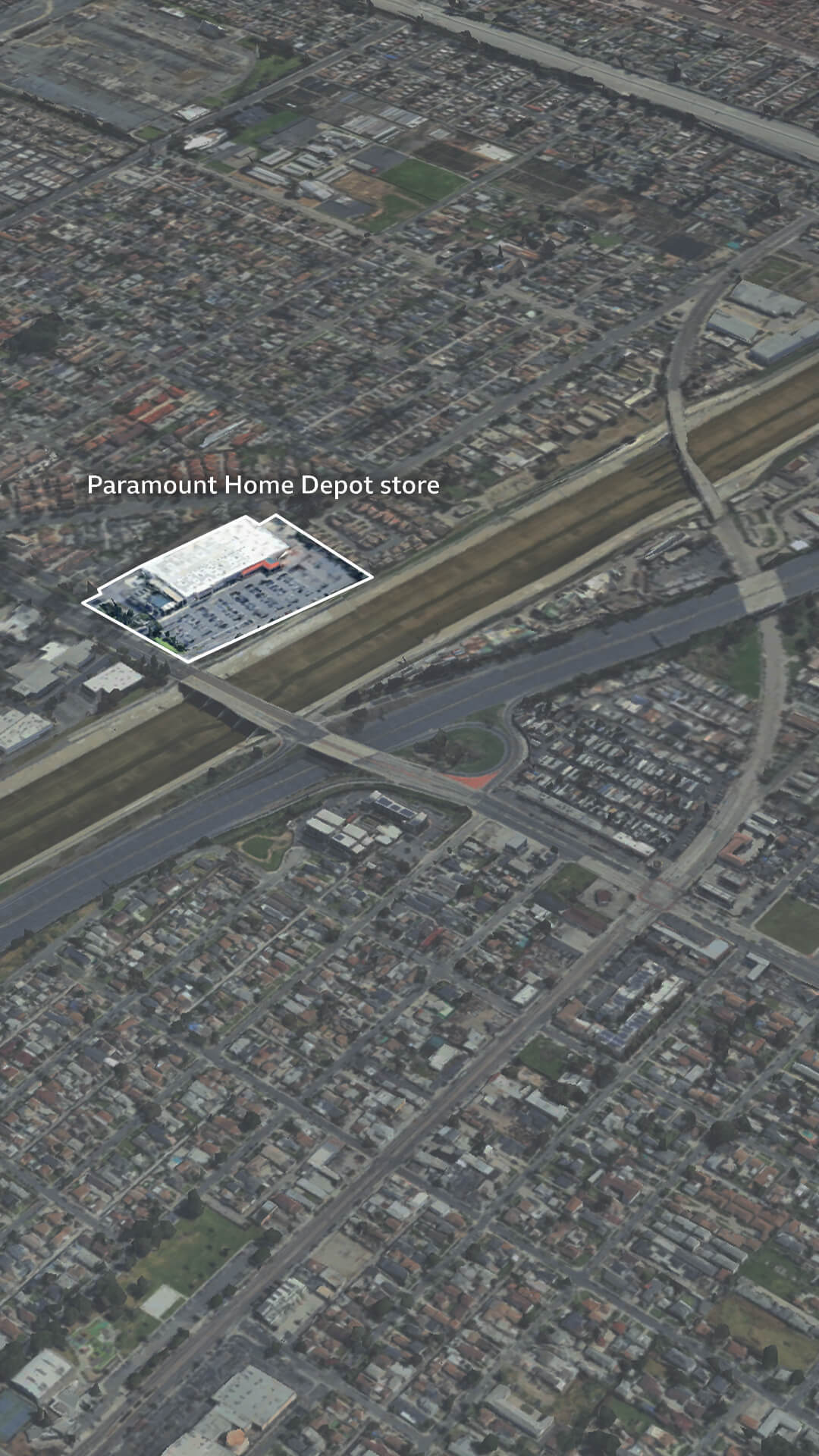 3D image showing the location of the Home Depot in Paramount City.