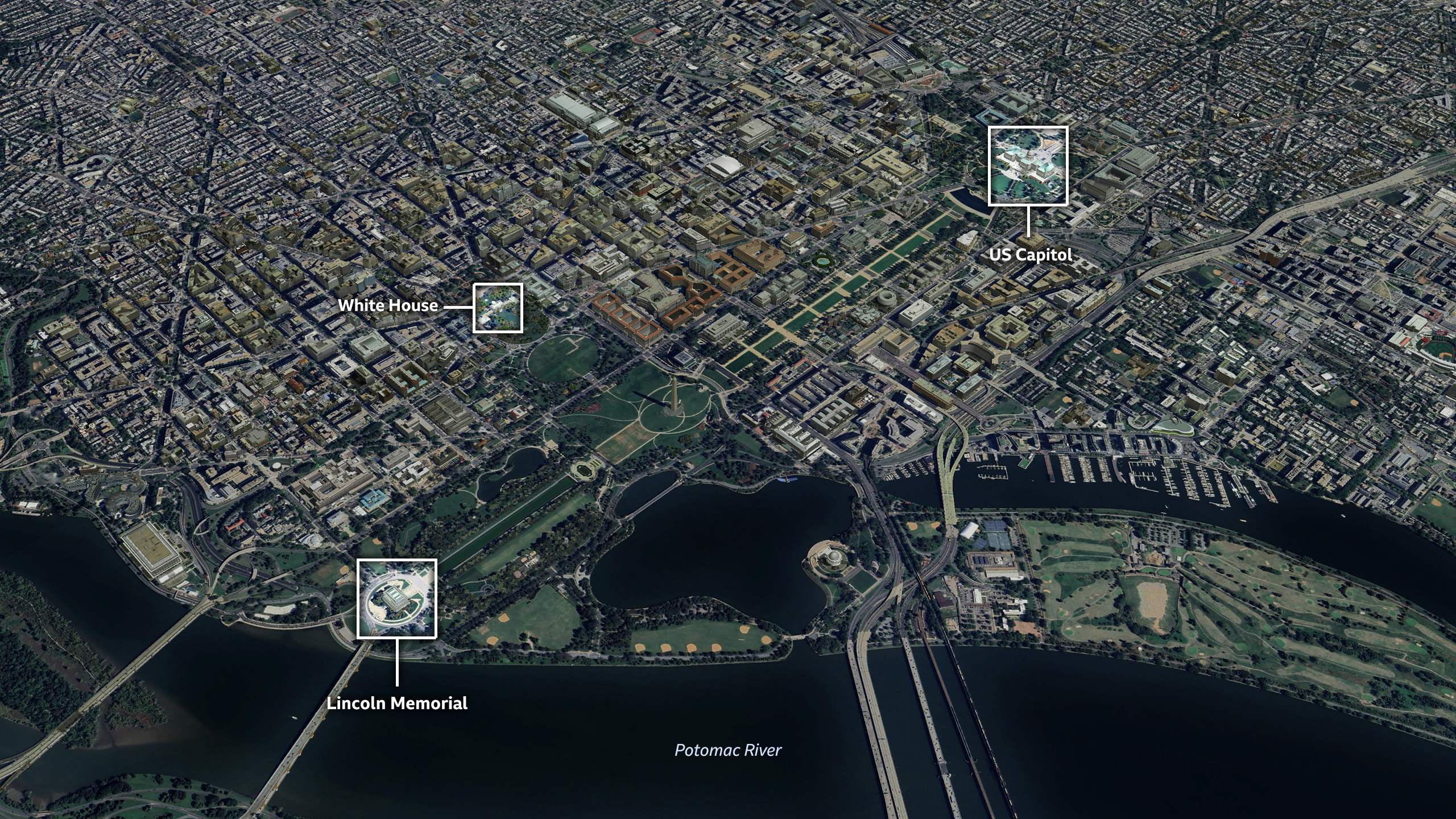A satellite image of the centre of Washington DC labelling the White House to the north, the Lincoln Memorial to the west and the US Capitol to the east