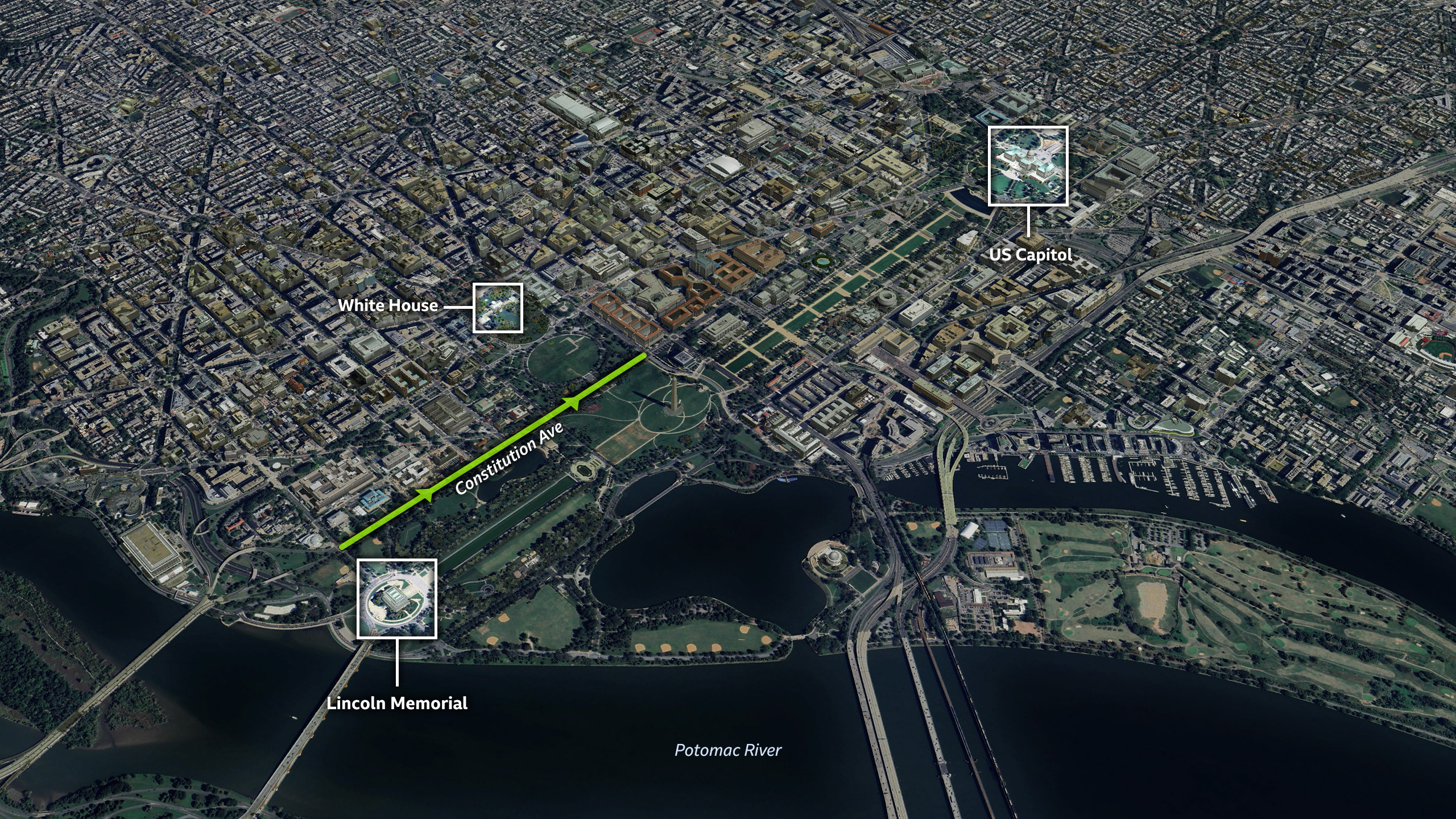 A satellite image of the centre of Washington DC showing the route of parade along Constitution Avenue