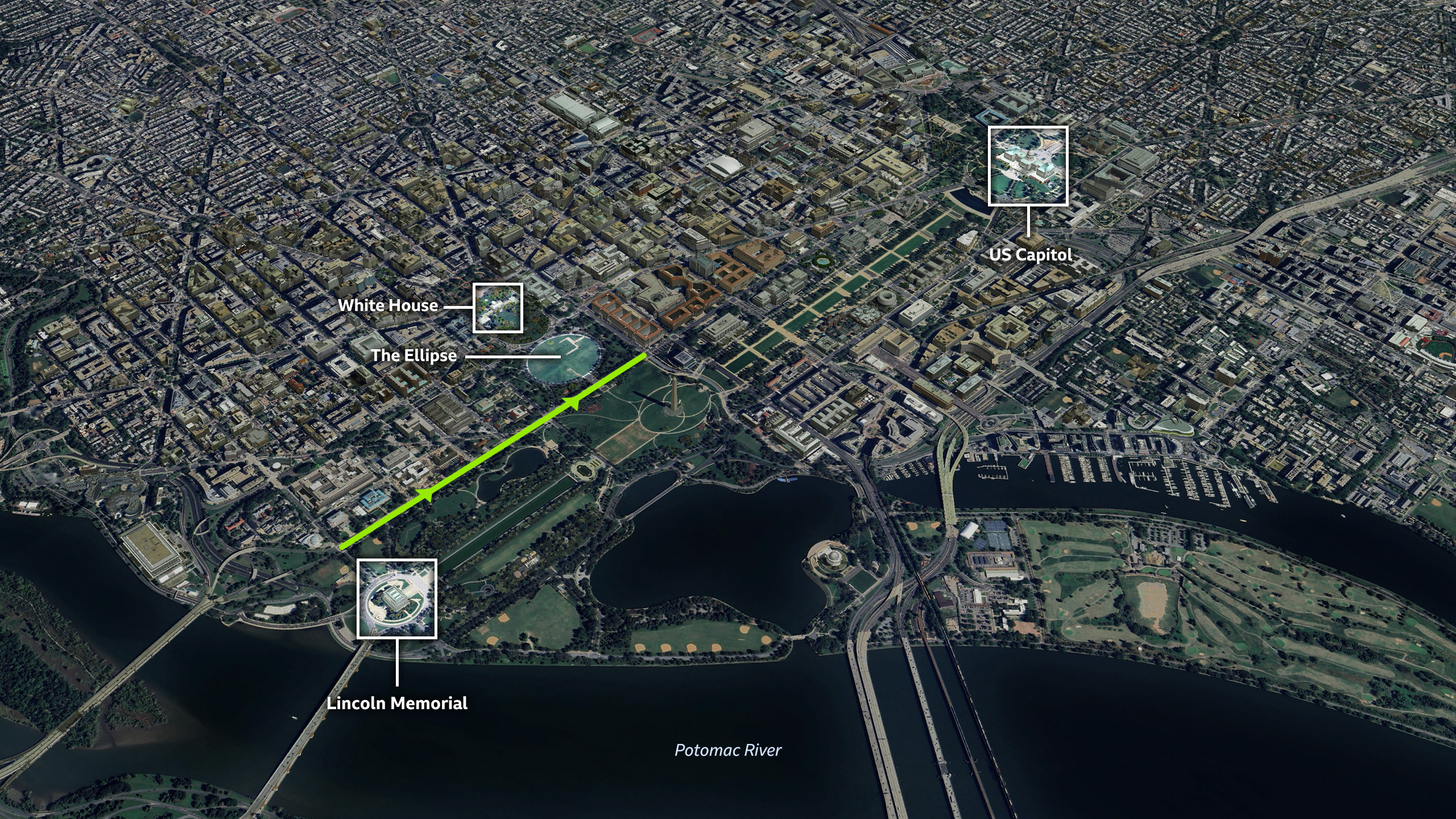 A satellite image of the centre of Washington DC showing the Ellipse park just south of the White House