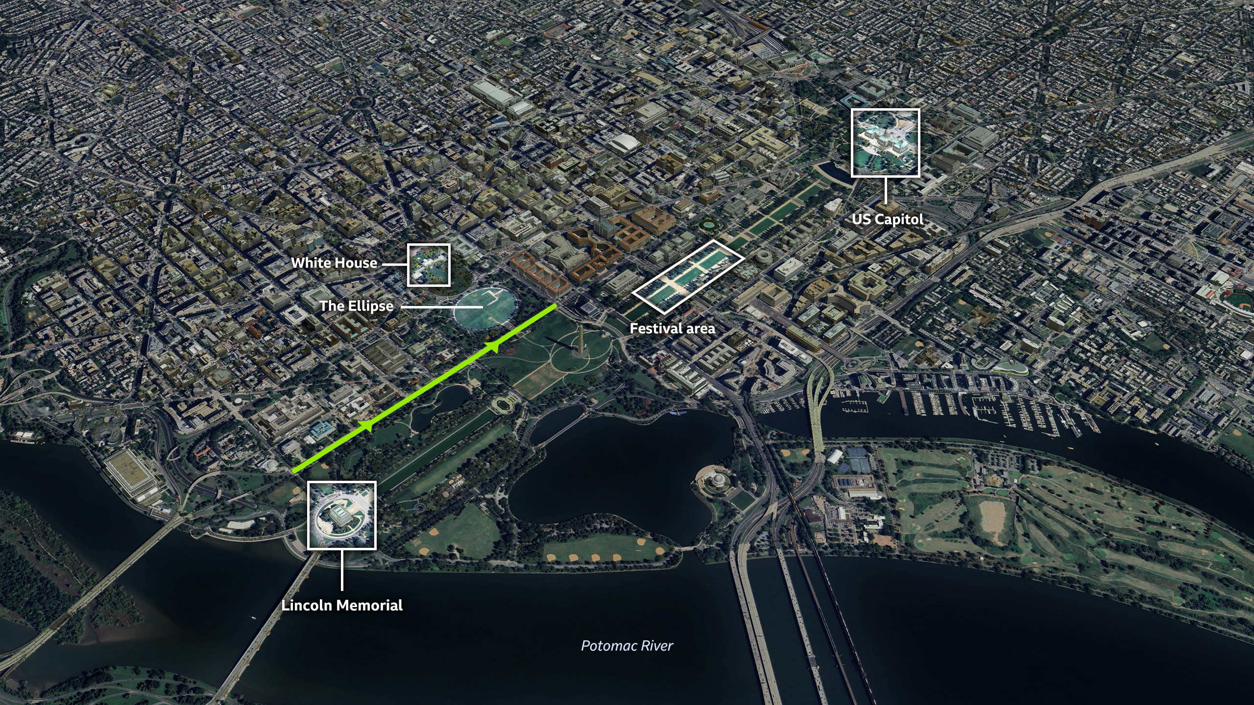 A satellite image of the centre of Washington DC showing the National Mall, where the festival events will be held during the day