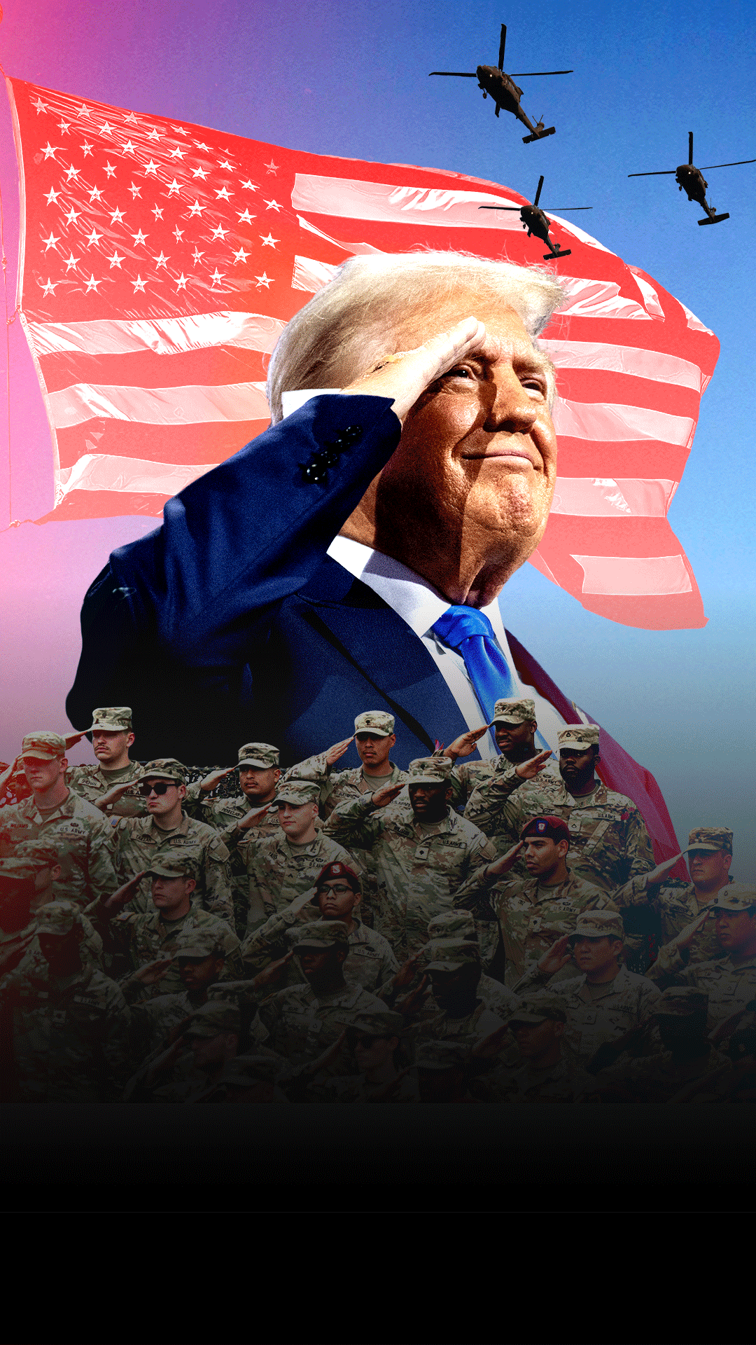A digitally created collage image showing Donald Trump and US troops saluting, with a US flag in the background