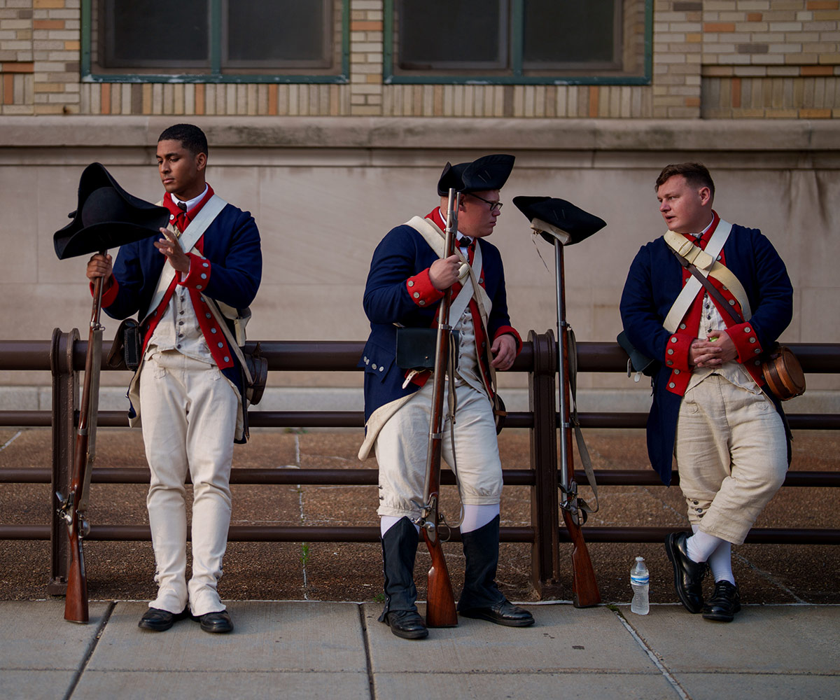 US Army soldiers dressed in uniforms from the US Civil War take a break during rehearsals for the parade