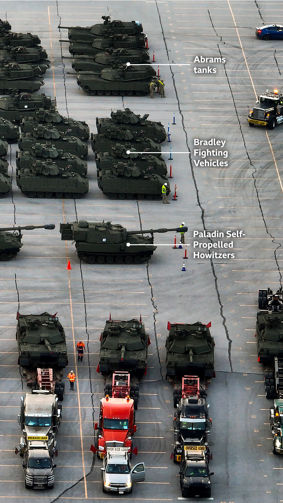 US Army vehicles are loaded on to trailer trucks in the CSX rail yard in Jessup, Maryland