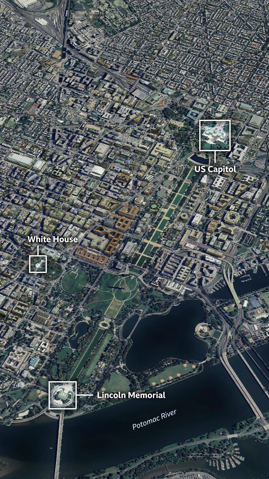 A satellite image of the centre of Washington DC labelling the White House to the north, the Lincoln Memorial to the west and the US Capitol to the east