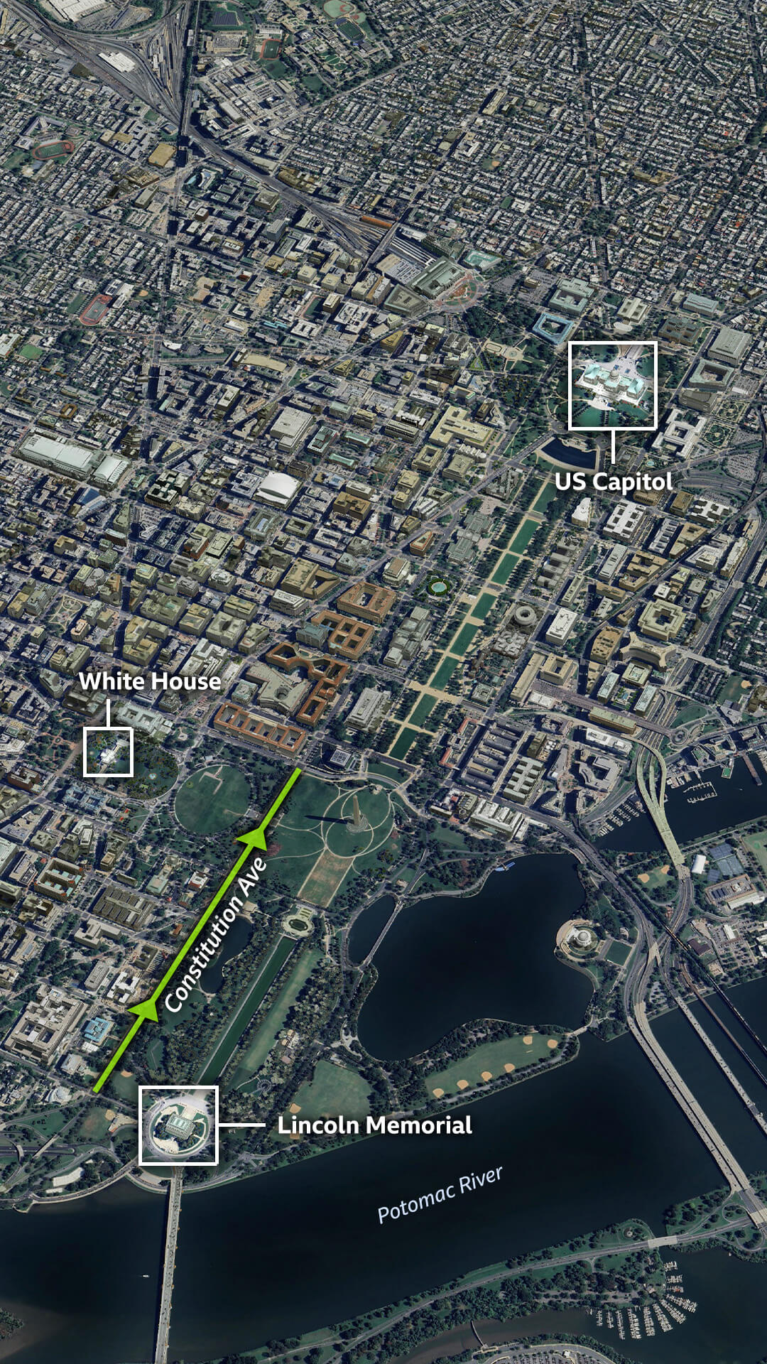 A satellite image of the centre of Washington DC showing the route of parade along Constitution Avenue