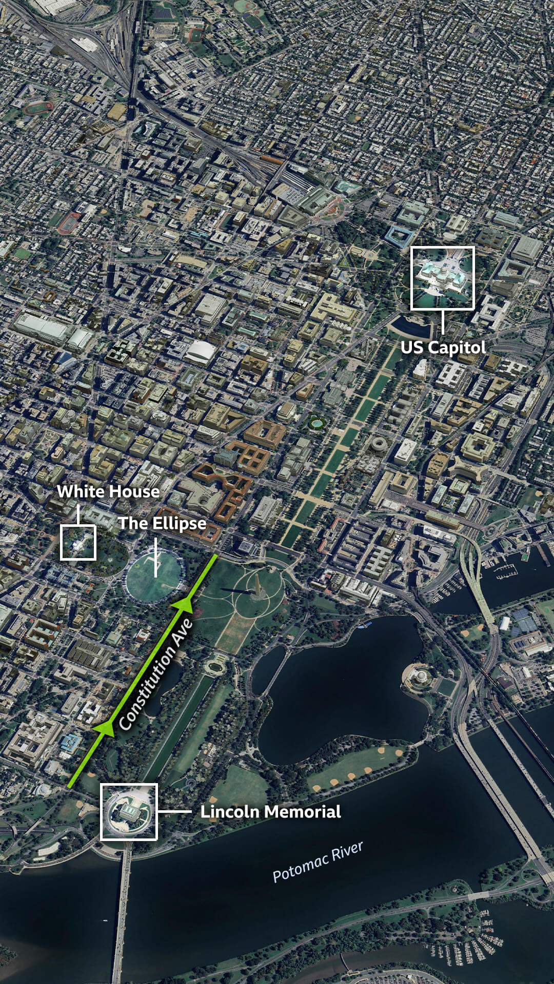 A satellite image of the centre of Washington DC showing the Ellipse park just south of the White House